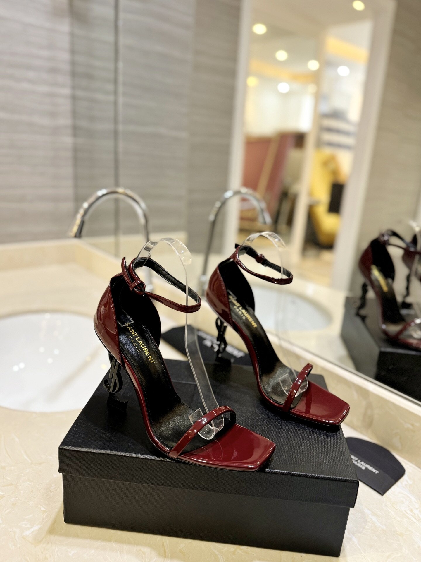 Saint Laurent  Burgundy Patent Leather Single Strap Square Toe Adjustable Ankle Strap YSL Logo Heel Sandals