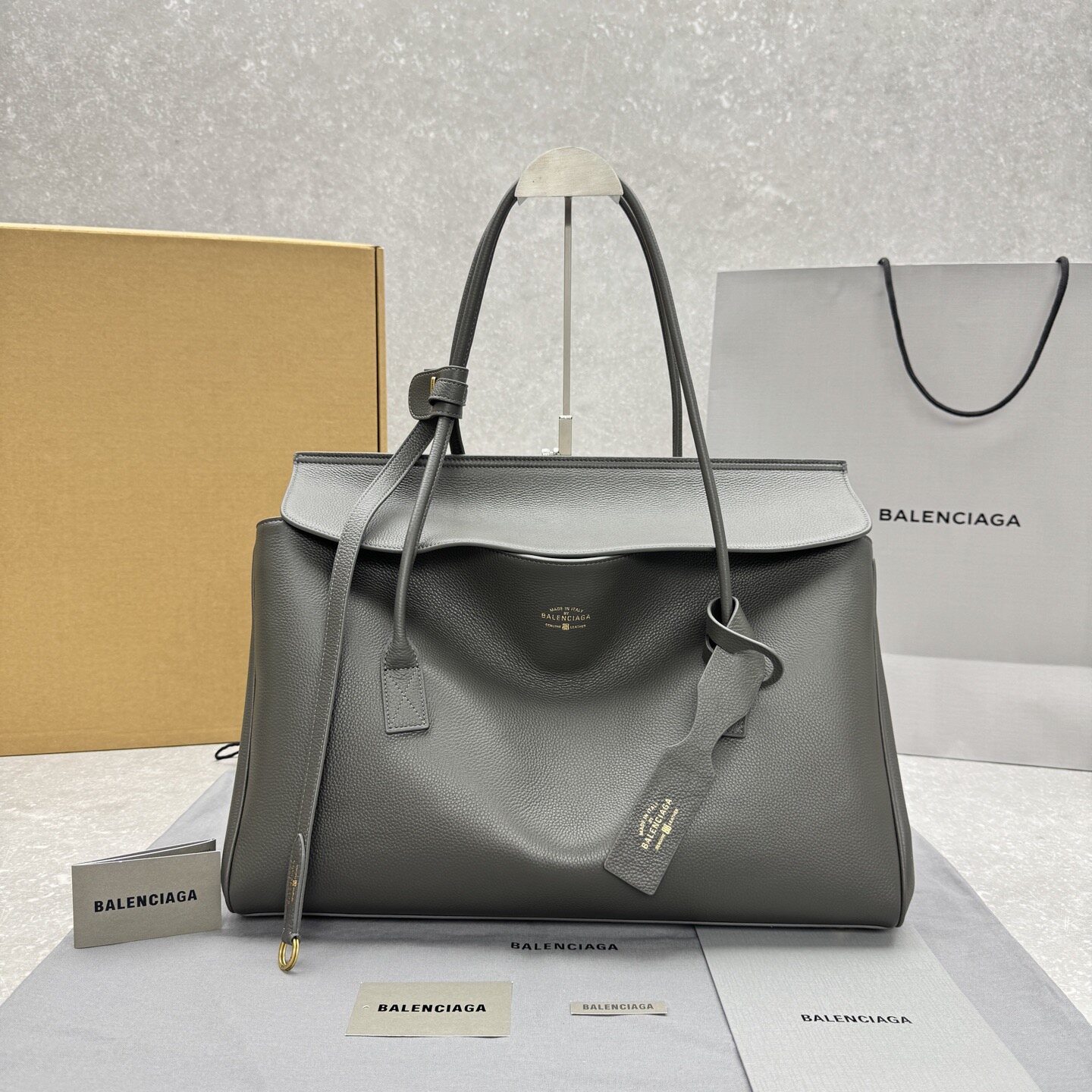 Balenciaga Dark Grey Grained Leather Flap Large Capacity Office Tote Bag