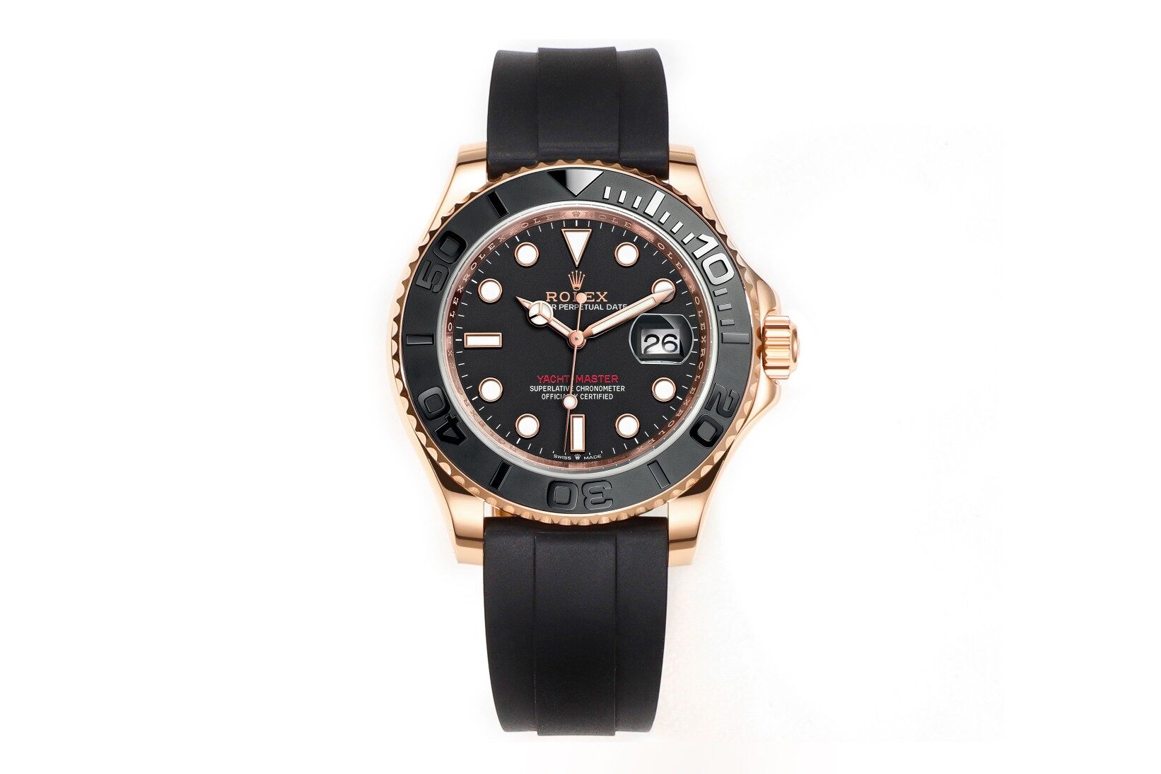 Rolex  Rolex Yacht-Master 18K Rose Gold Black Ceramic Bezel Black Dial Black Rubber Strap Watch