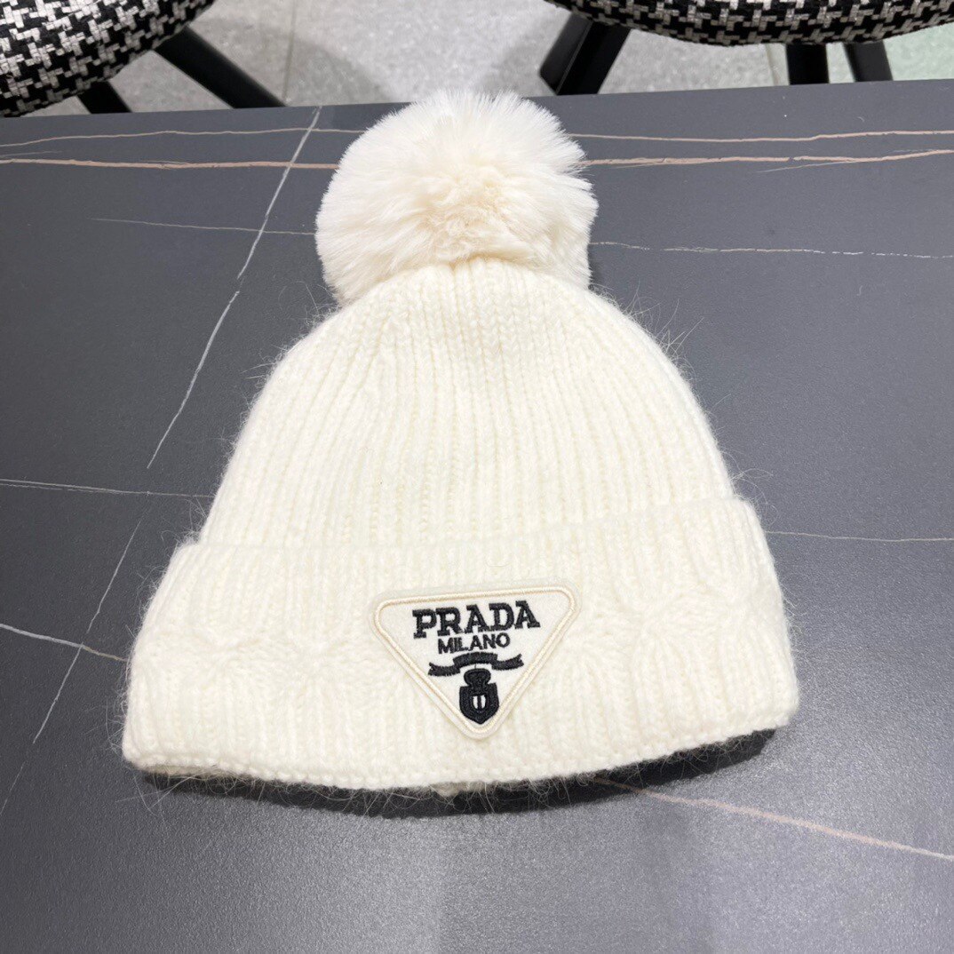 Prada Prada Off‑White Cable‑Knit Pom‑Pom Beanie