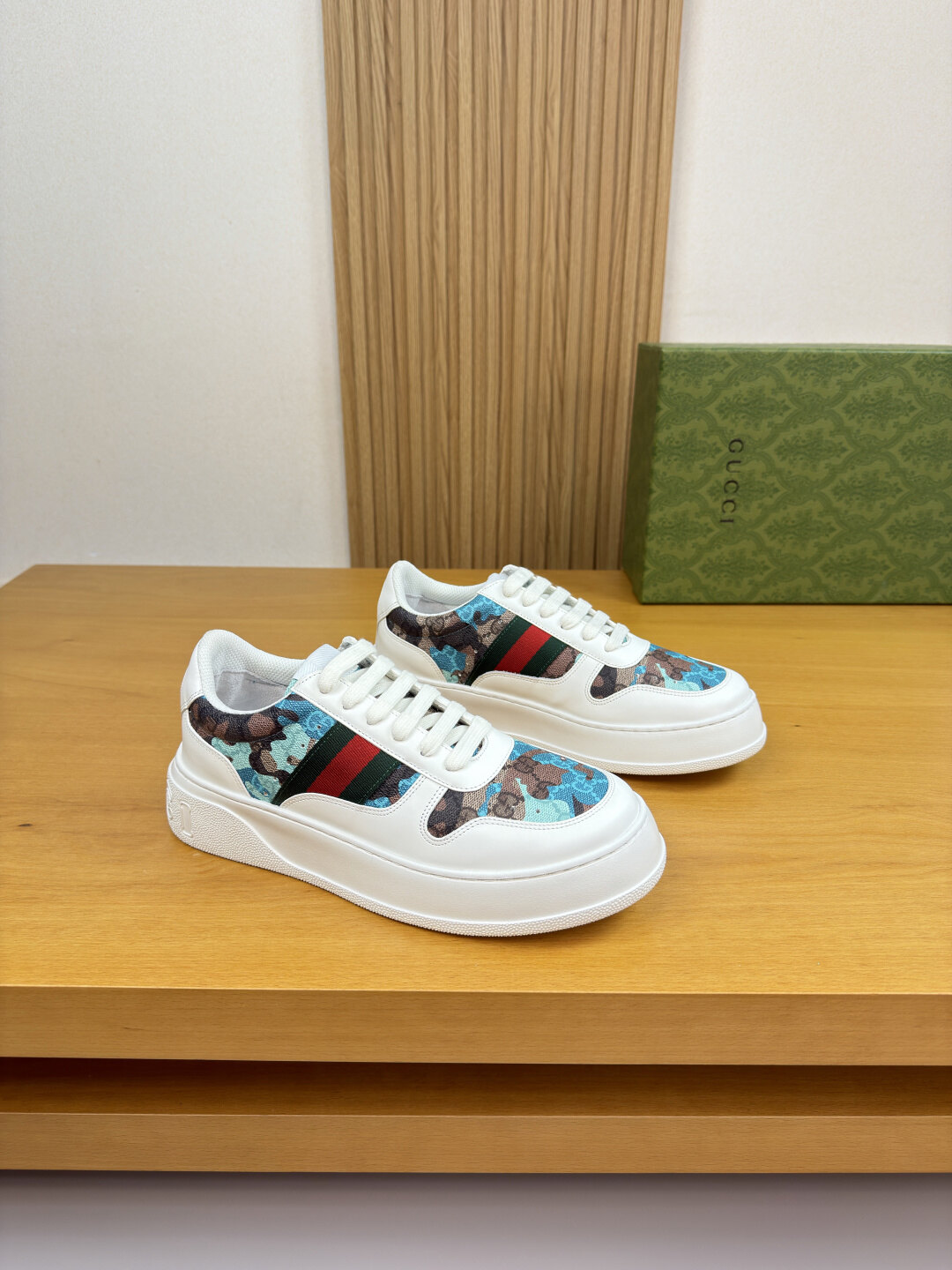 Gucci White Leather Blue Camo GG Canvas Web Stripe Platform Sneakers