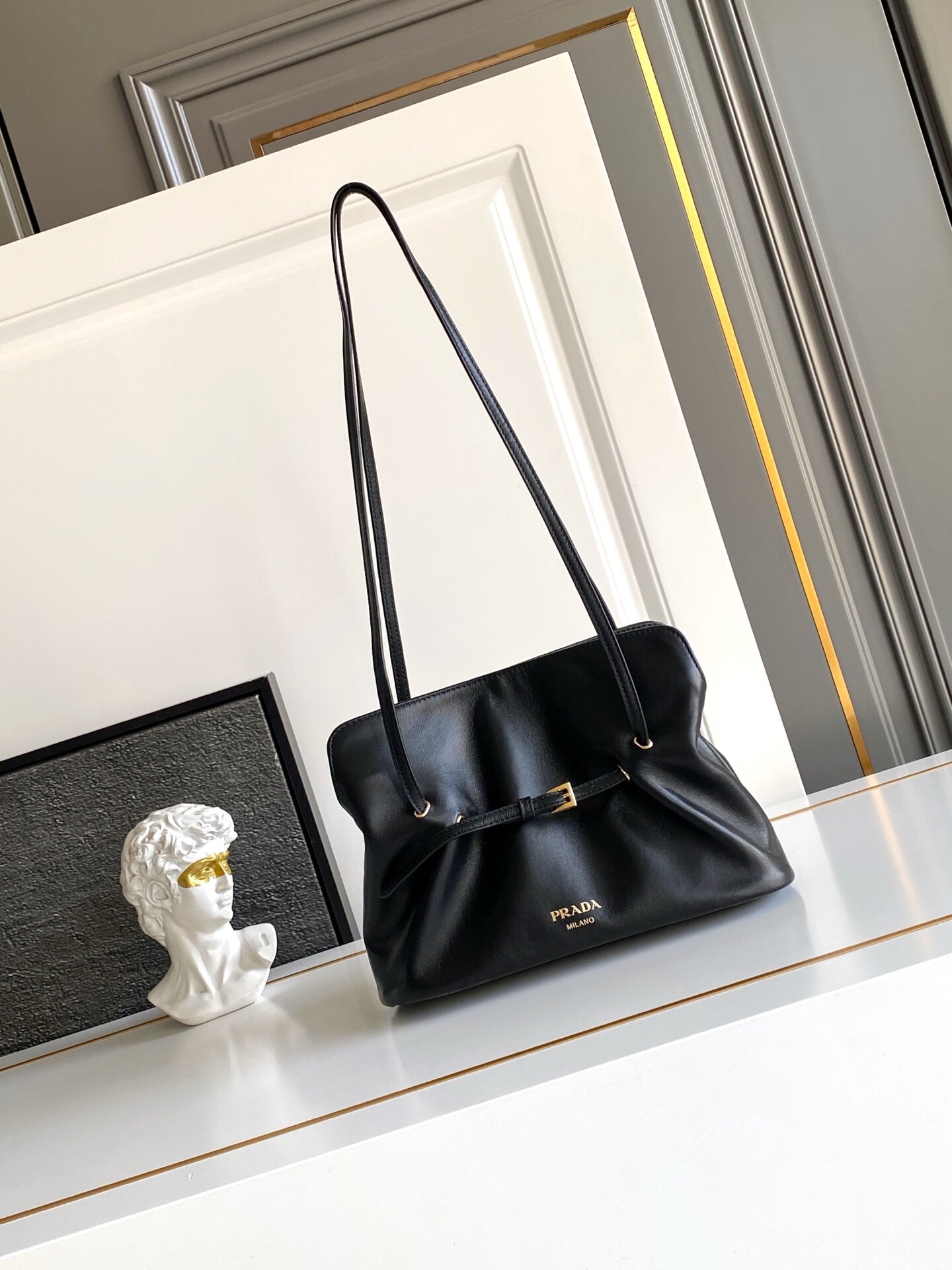 Prada Prada Black Soft Leather Strap Detail Tote Shoulder Bag