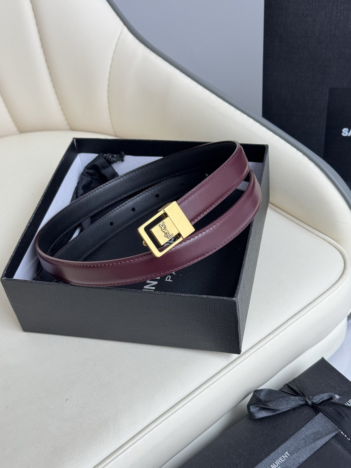 YSL  YSL Saint Laurent Square Logo Gold‑Tone Buckle Burgundy Thin Leather Belt