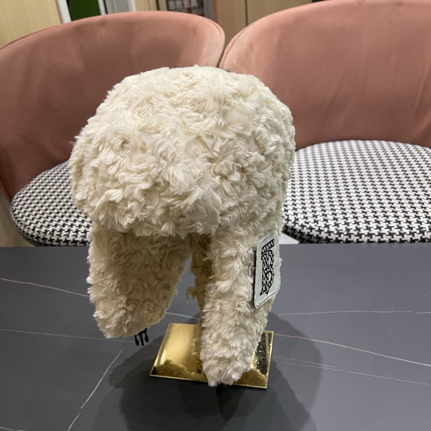 Burberry Burberry Off‑White Faux‑Fur TB‑Patch Trapper Hat