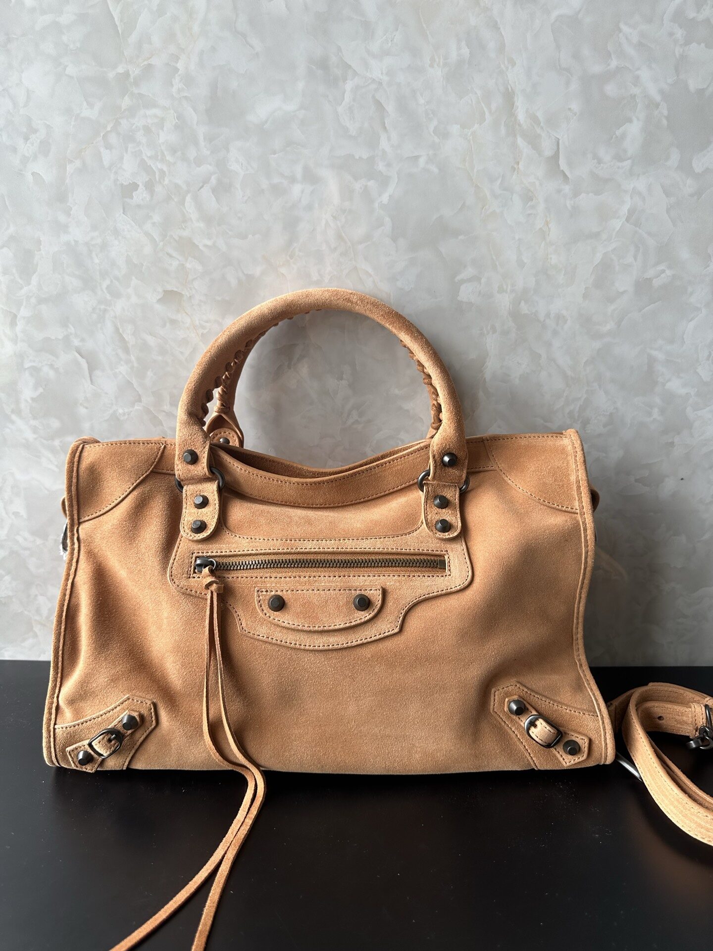 Balenciaga Caramel Suede Stud Motocross Large Hand & Crossbody Bag