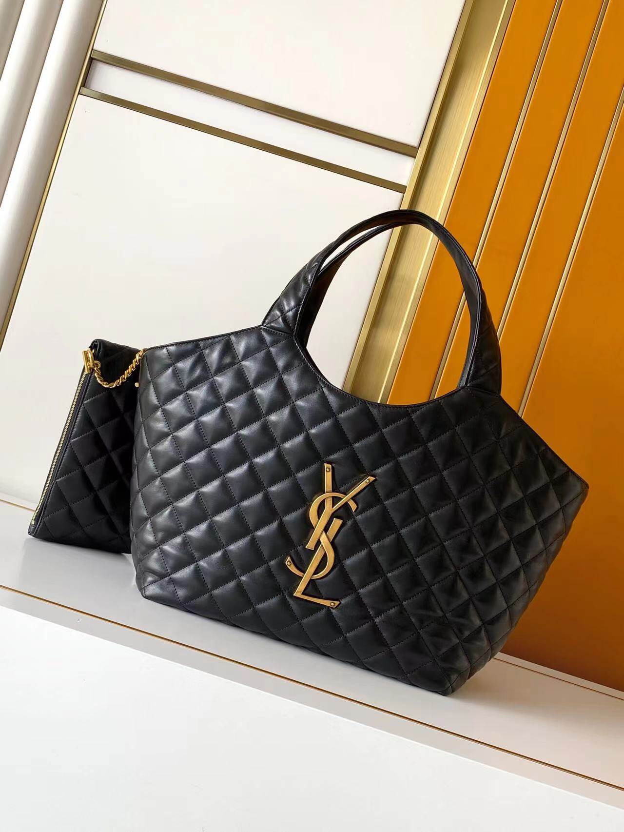 Saint Laurent Saint Laurent Black Quilted Leather Gold Logo Large Tote Handbag With Pouch