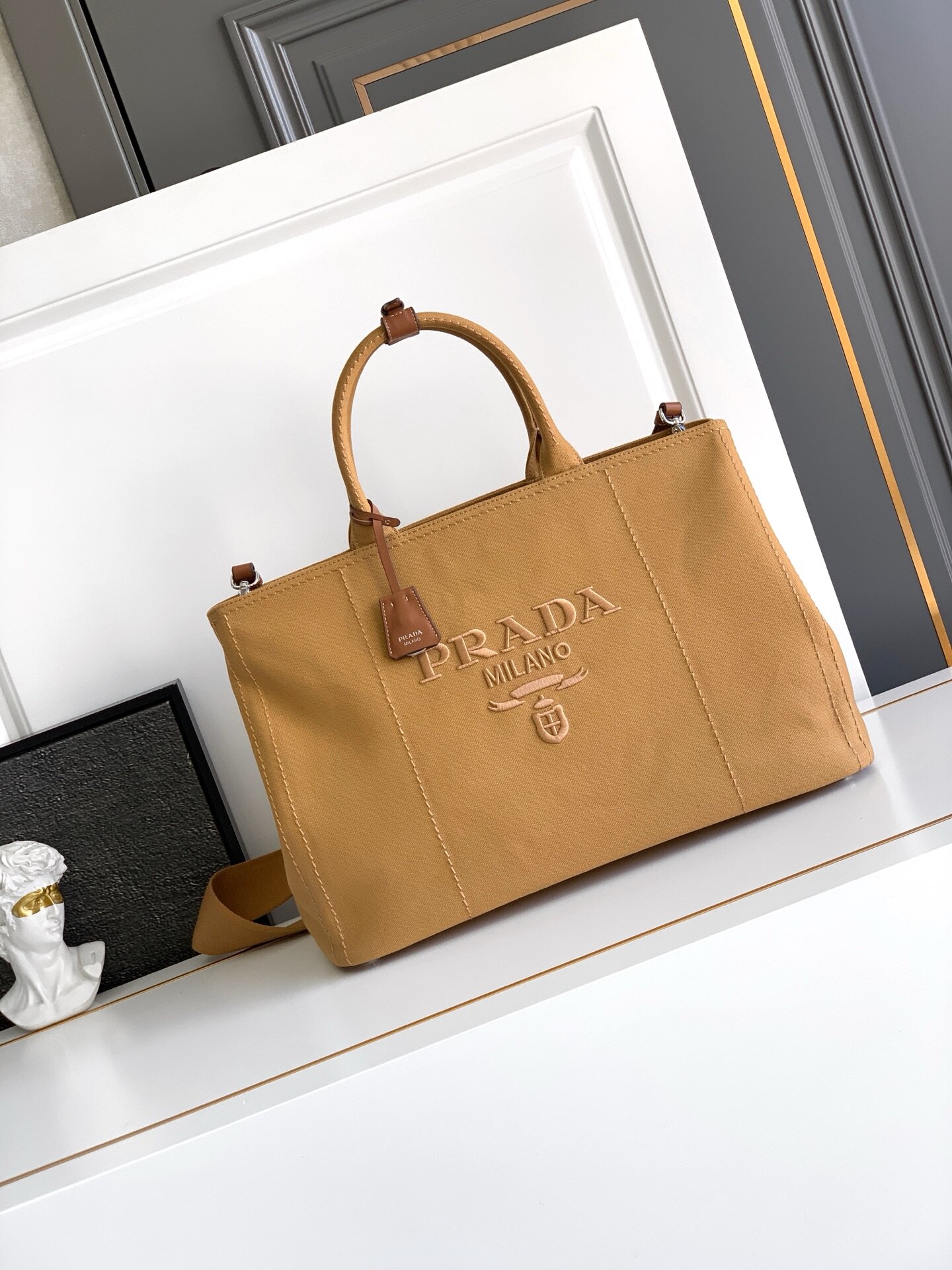 Prada Prada Khaki Canvas Embroidered Logo Tote Handbag
