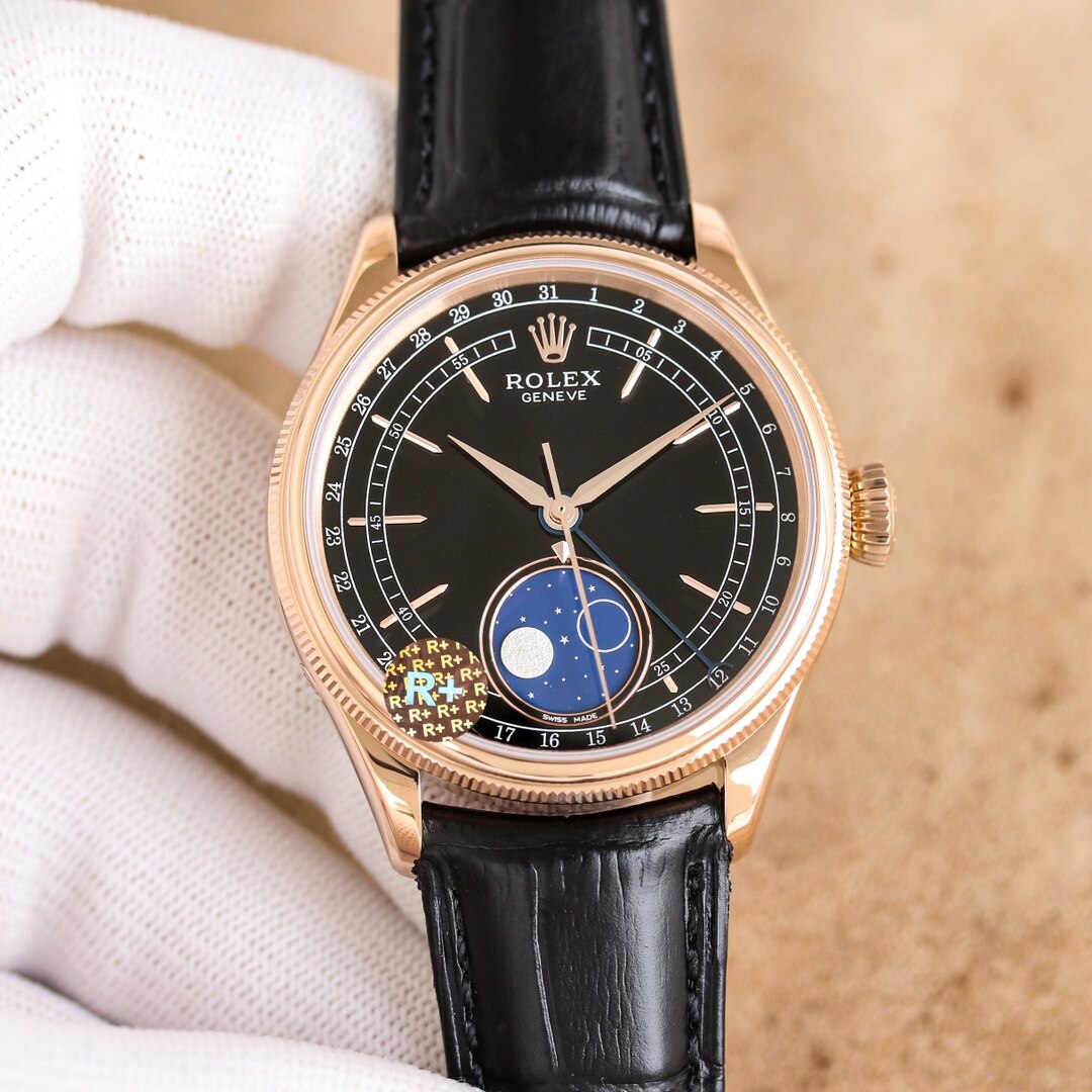 Rolex Rolex Cellini Moonphase Rose Gold Black Dial Alligator Leather Dress Moonphase Watch