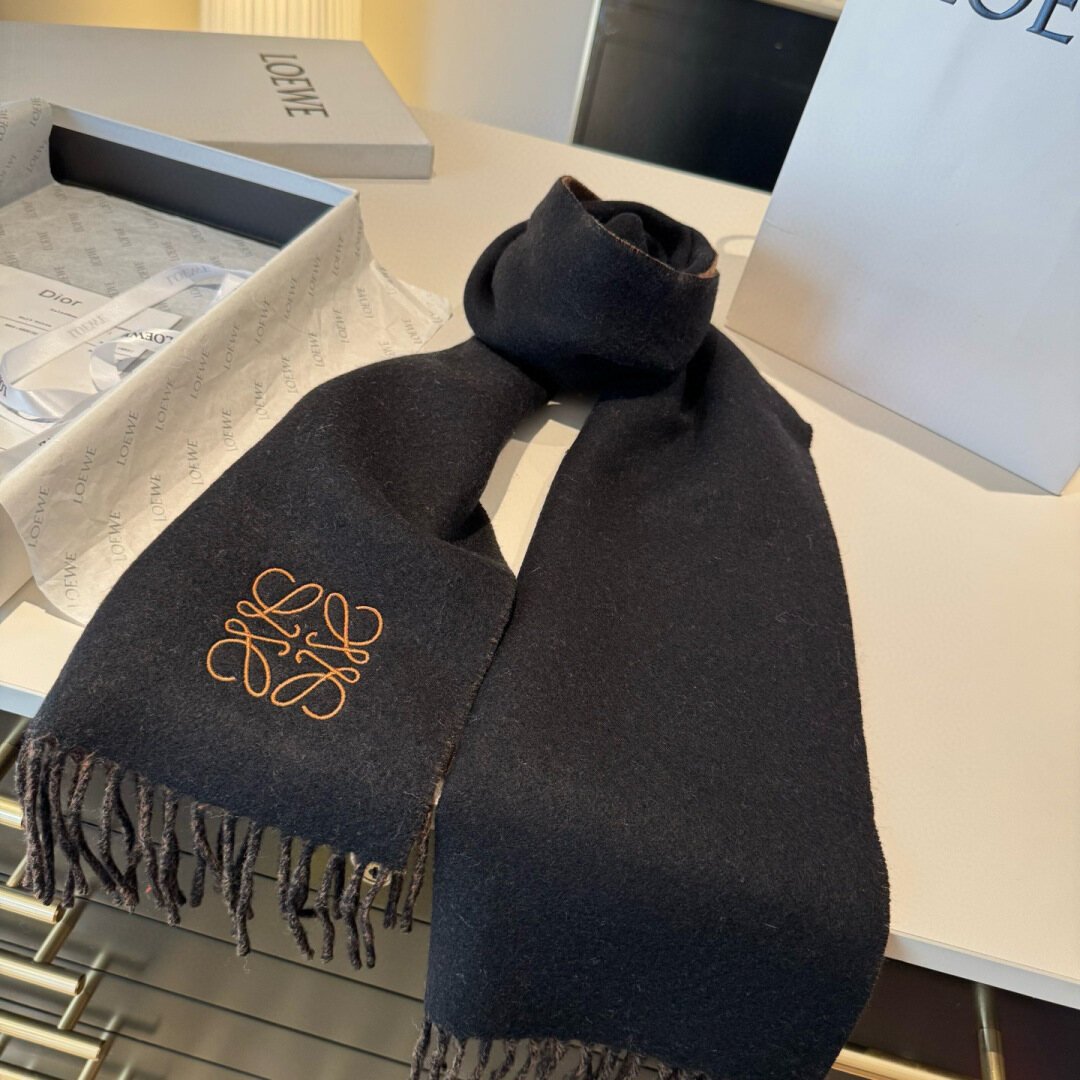 Loewe Loewe Black Anagram‑Embroidered Tassel Scarf