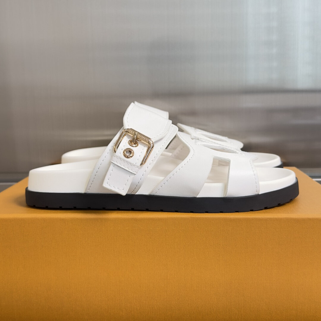 Louis Vuitton White Smooth Leather Buckle Two-Strap Flat Slide Sandals