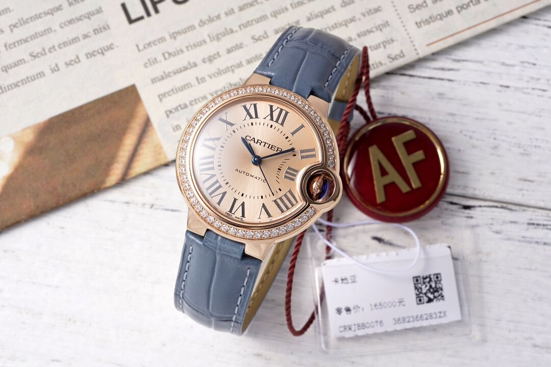 Cartier Cartier Ballon Bleu Rose Gold Diamond Bezel Grey-Blue Alligator Leather Automatic Ladies Watch