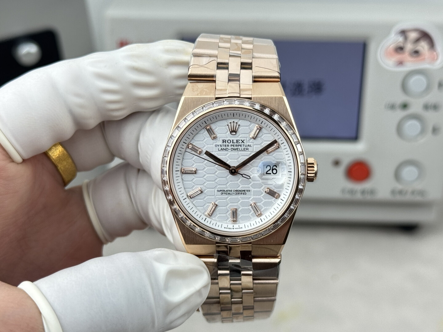 Rolex Rolex Sky-Dweller 18K Rose Gold White Honeycomb Dial Baguette Diamond Markers Diamond Bezel Presiden