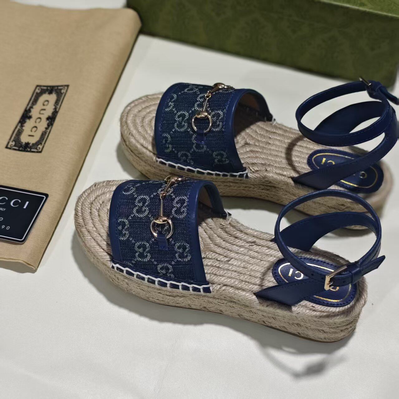 Gucci Navy GG Denim Horsebit Jute Platform Ankle Strap Sandals