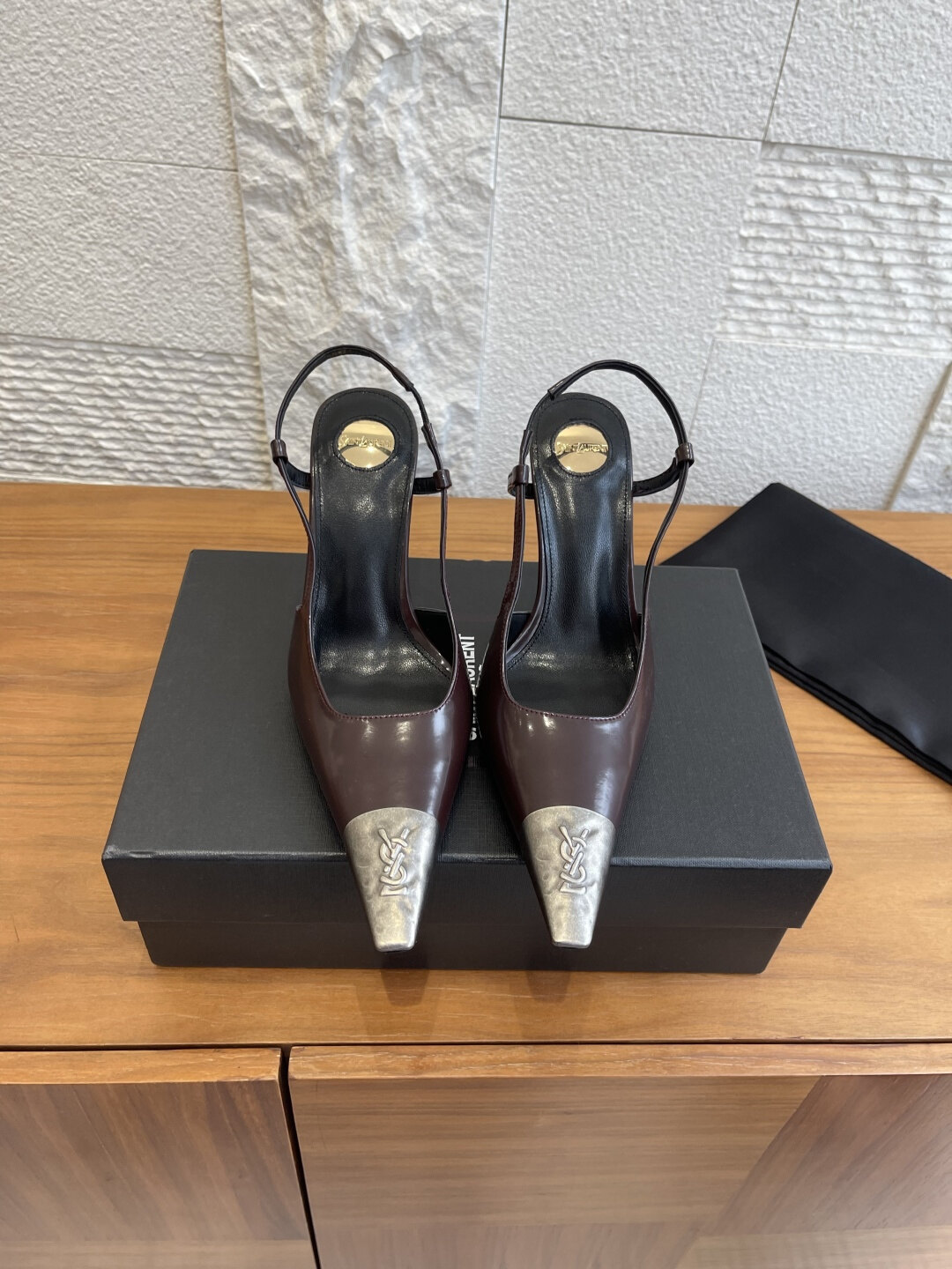 Saint Laurent Dark Brown Gloss Leather Metal YSL Cap Toe Slingback Stiletto Mules