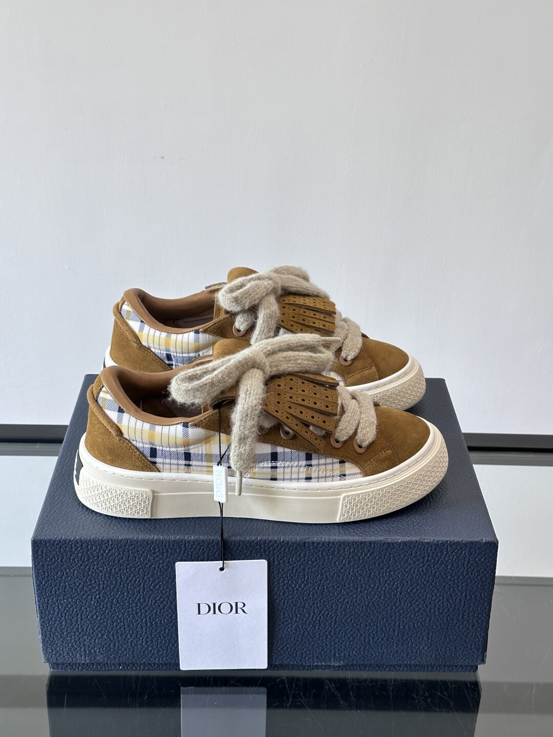 Dior  Brown Suede Tartan Fabric Brogue Fringe Thick Rope Lace Platform Sneakers