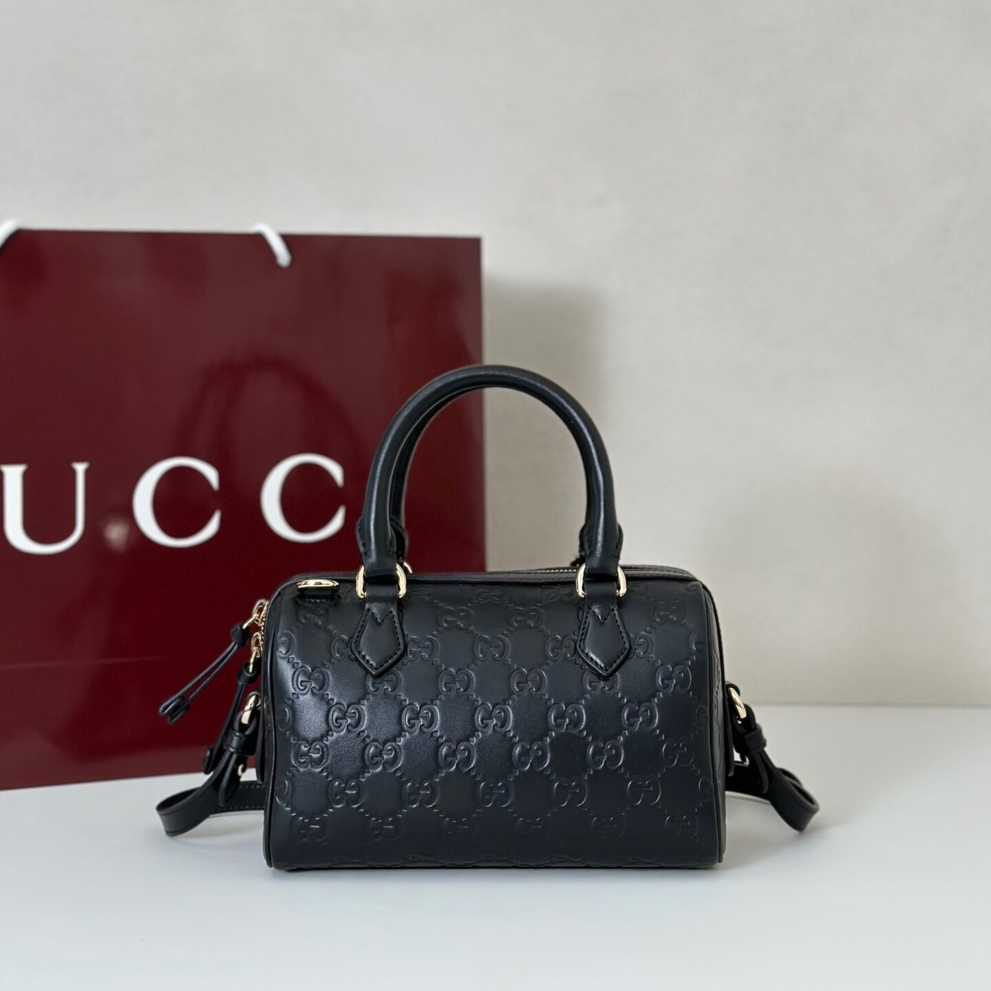 Gucci Gucci Black Embossed GG Mini Boston Handbag Crossbody Bag