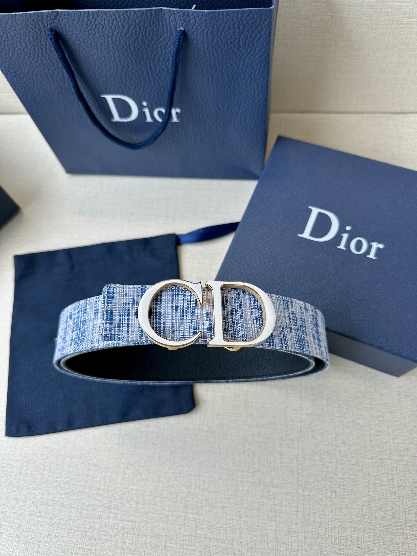 Dior Dior CD Silver‑Tone Blue Oblique Jacquard Belt