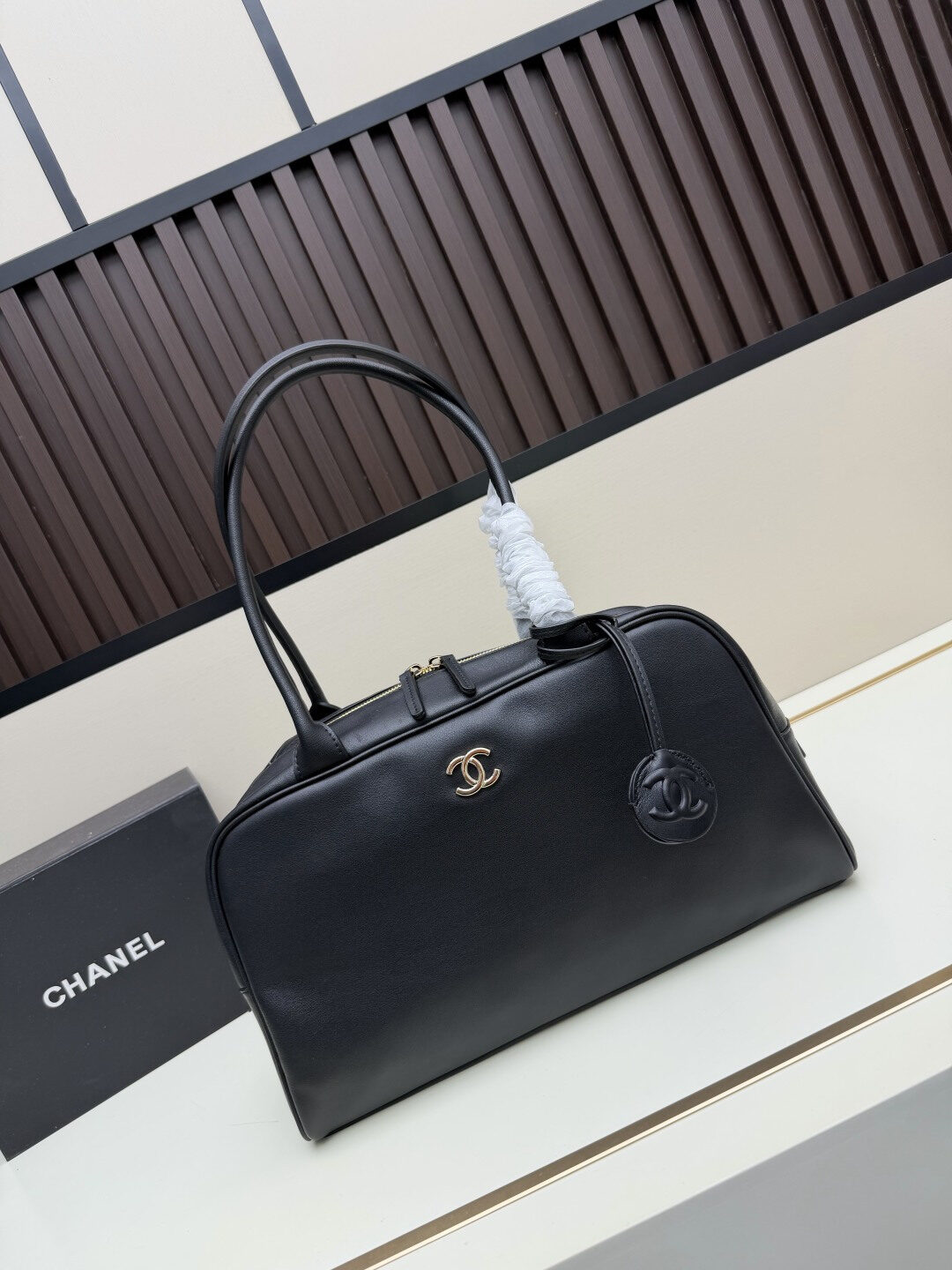 Chanel Chanel Black Smooth Leather Bowling Top Handle Bag