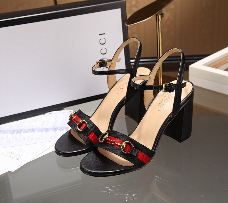 Gucci Black Red Web Horsebit Block Heel Ankle Strap Sandals