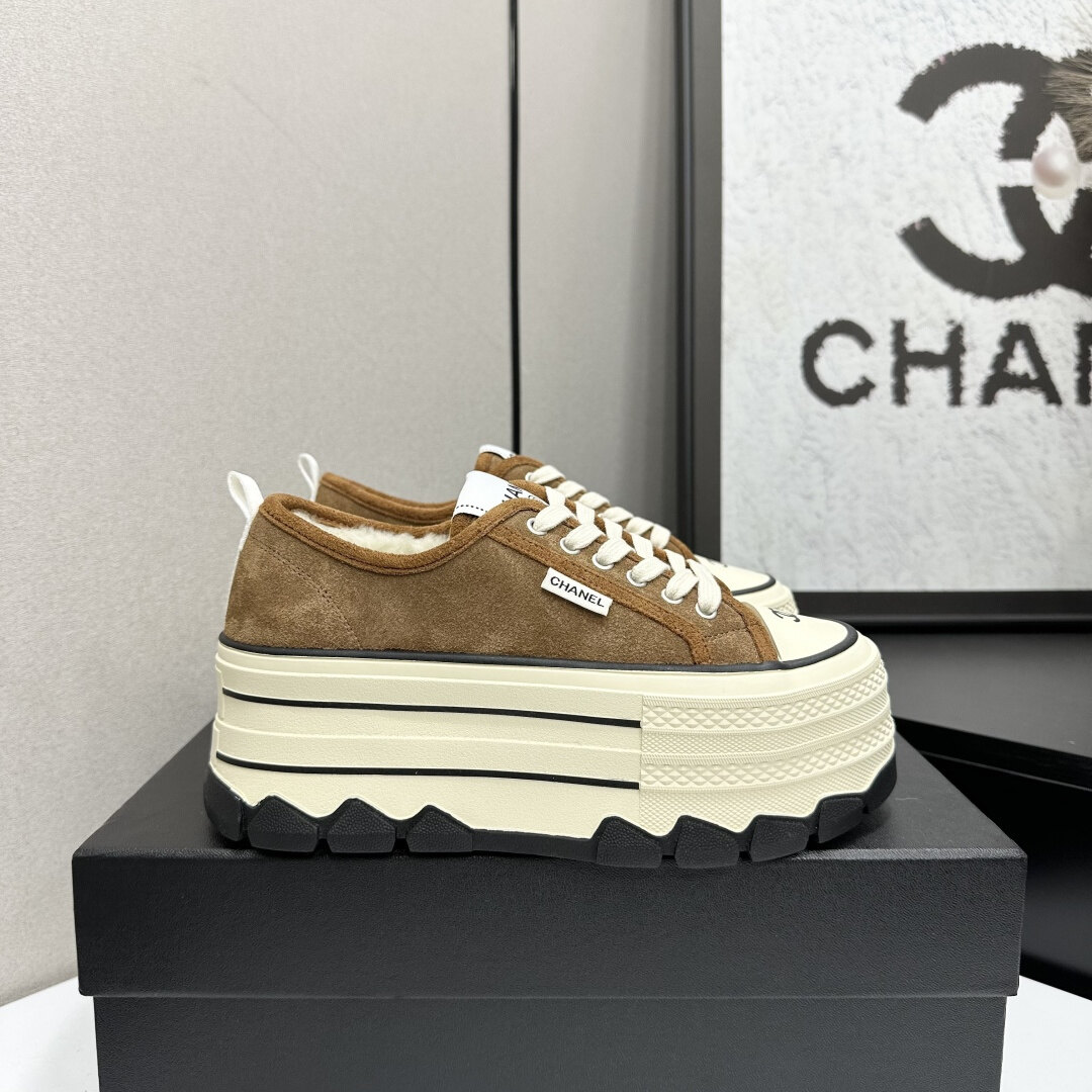 Chanel Brown Suede Shearling Lined Layered Jagged Platform Lace-Up Sneakers