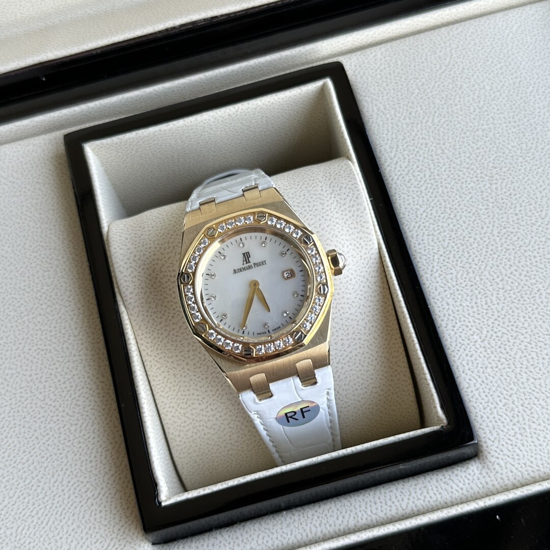Audemars Piguet Audemars Piguet Royal Oak Yellow Gold Diamond‑Set Bezel MOP Dial White Leather Ladies Watch