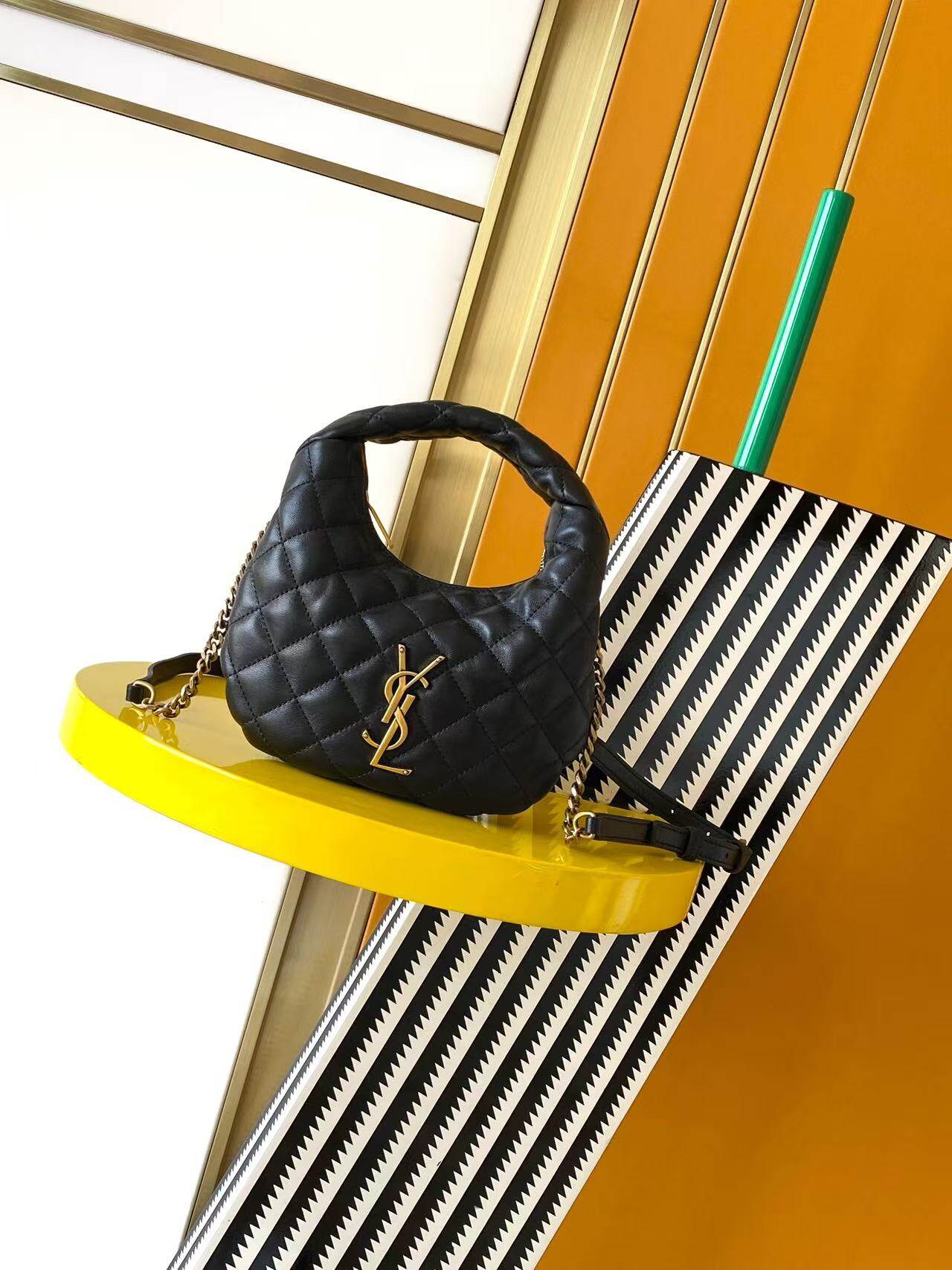 Saint Laurent Saint Laurent Black Quilted Leather Mini Hobo Handbag Gold Logo
