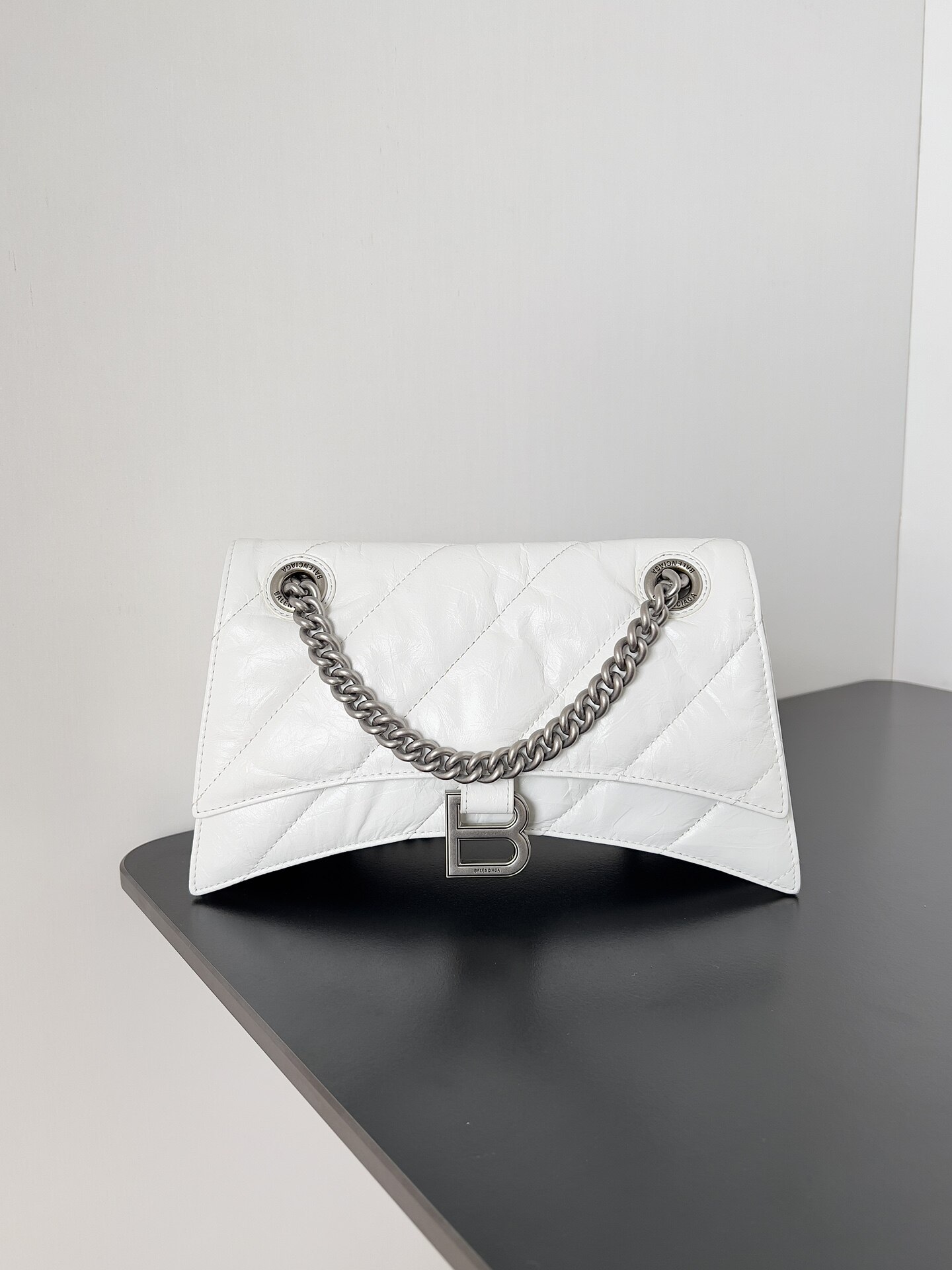 Balenciaga White Crinkled Leather Quilted B Logo Hourglass Chain Crossbody Bag