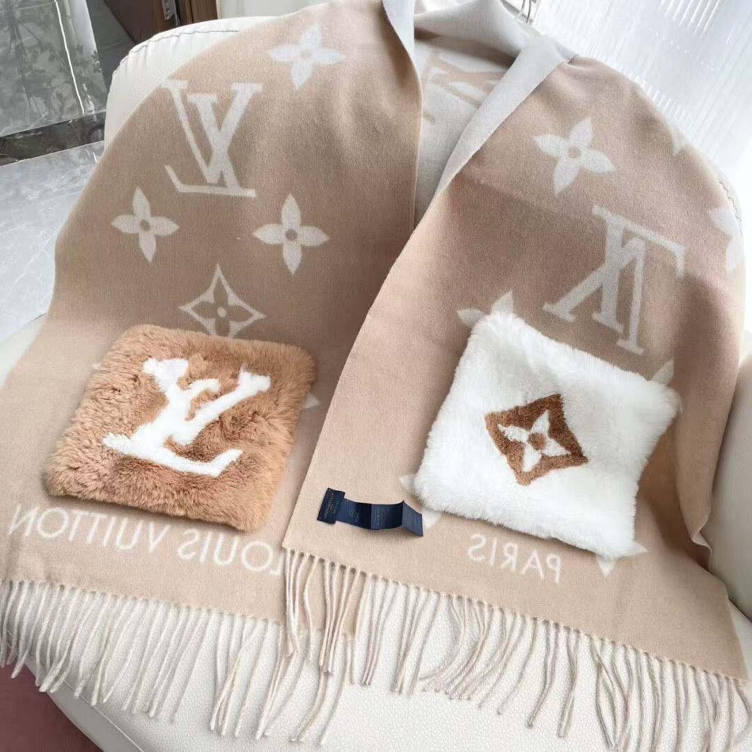 Louis Vuitton LV Beige Fuzzy Patch Monogram Fringe Scarf