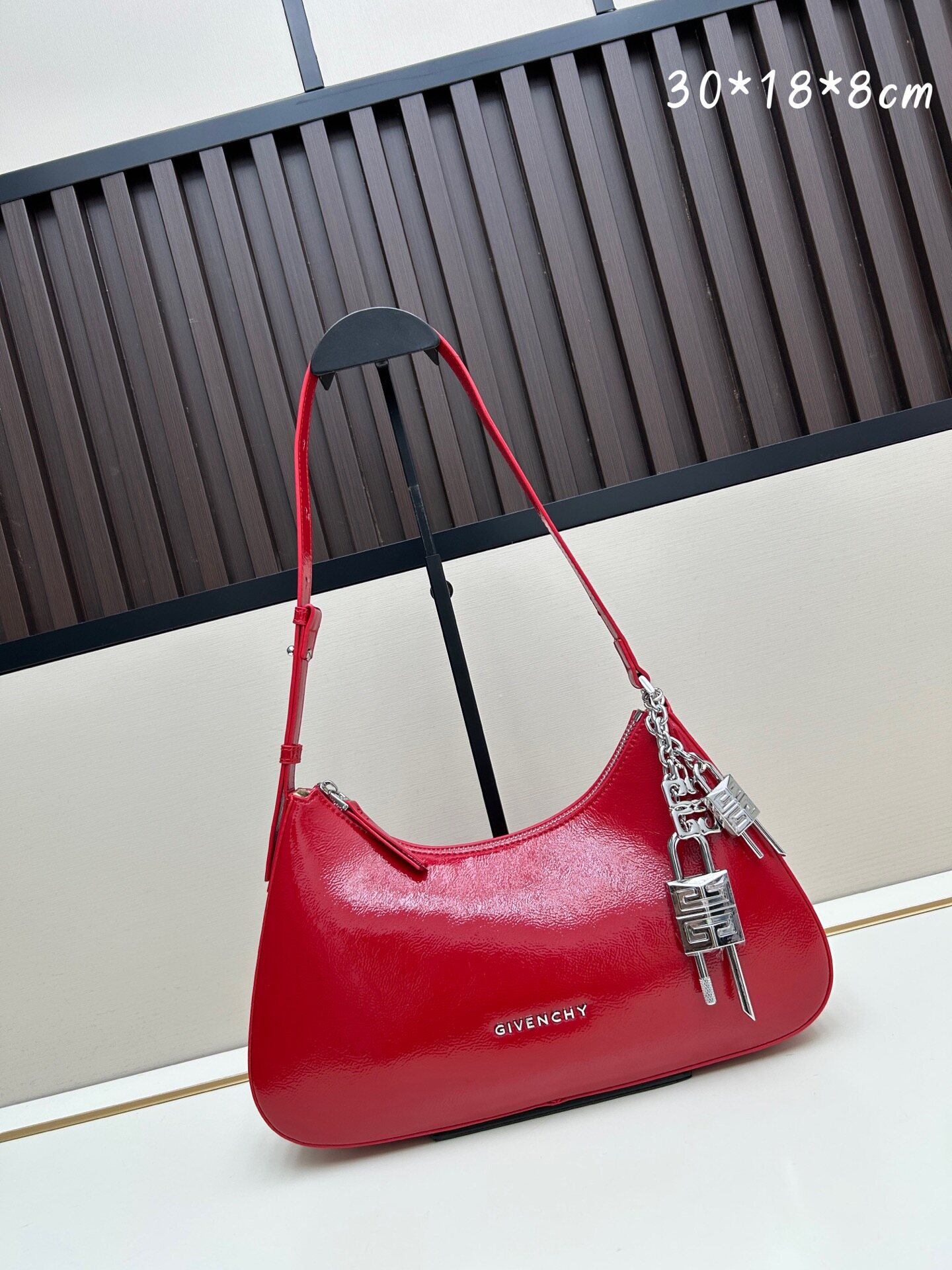 Givenchy Bright Red Shiny Leather 4G Charms Zip Crescent Hobo Shoulder Bag
