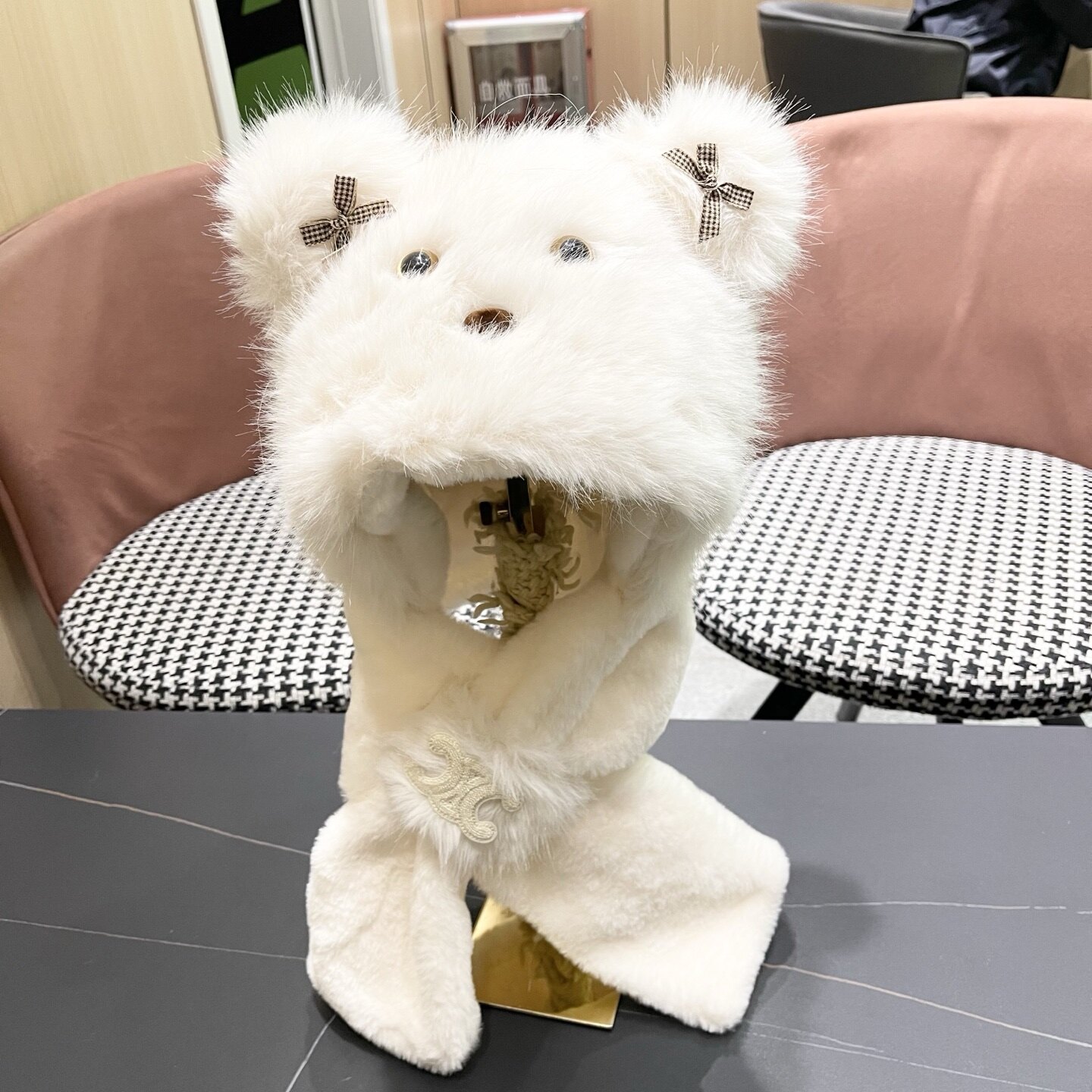 Celine Celine Bear‑Shaped Faux‑Fur Hat & Scarf Integrated Set