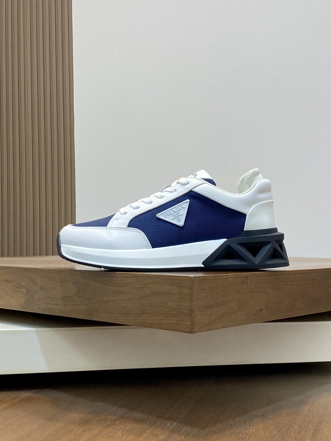 Prada Blue & White Fabric-Leather Triangle Logo Geometric Platform Low-Top Sneakers