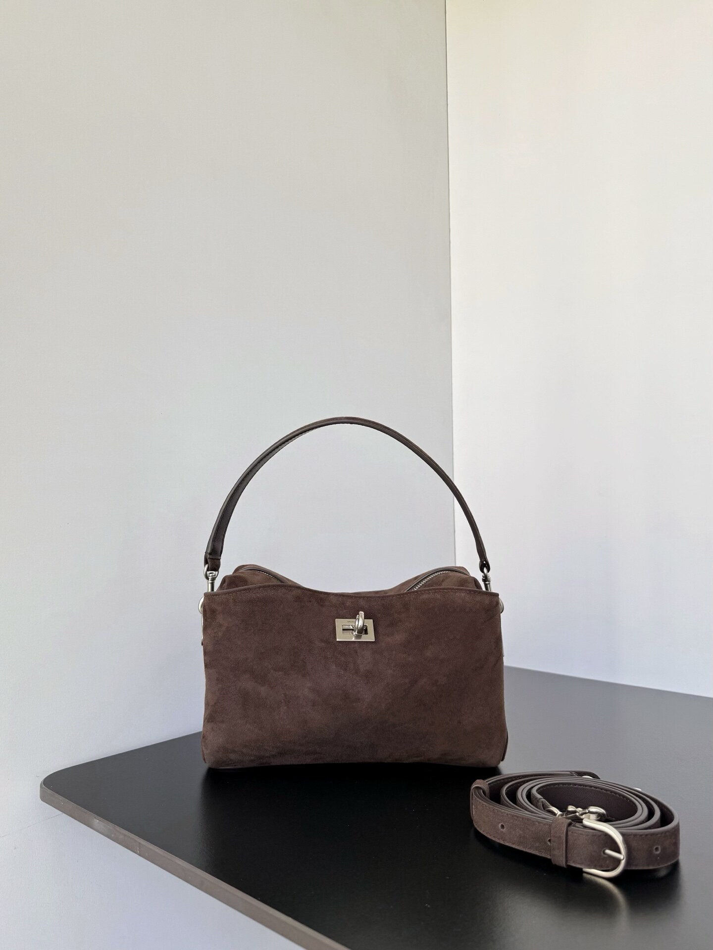 Balenciaga Dark Brown Suede Twist Lock Shoulder & Crossbody Mini Bag