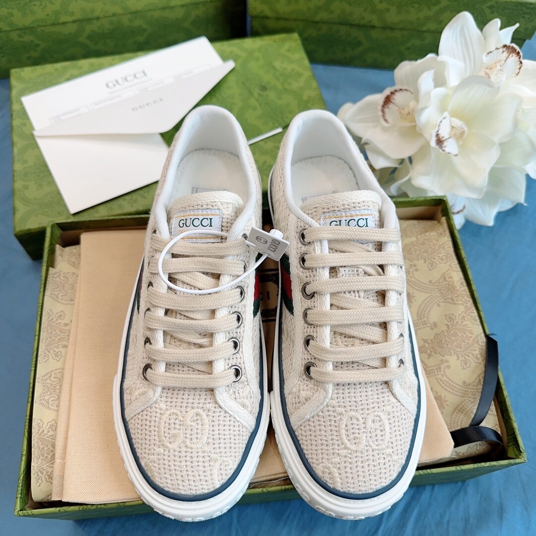 Gucci Off-White Hollow Mesh Embossed GG Web Stripe Low Top Canvas Sneakers