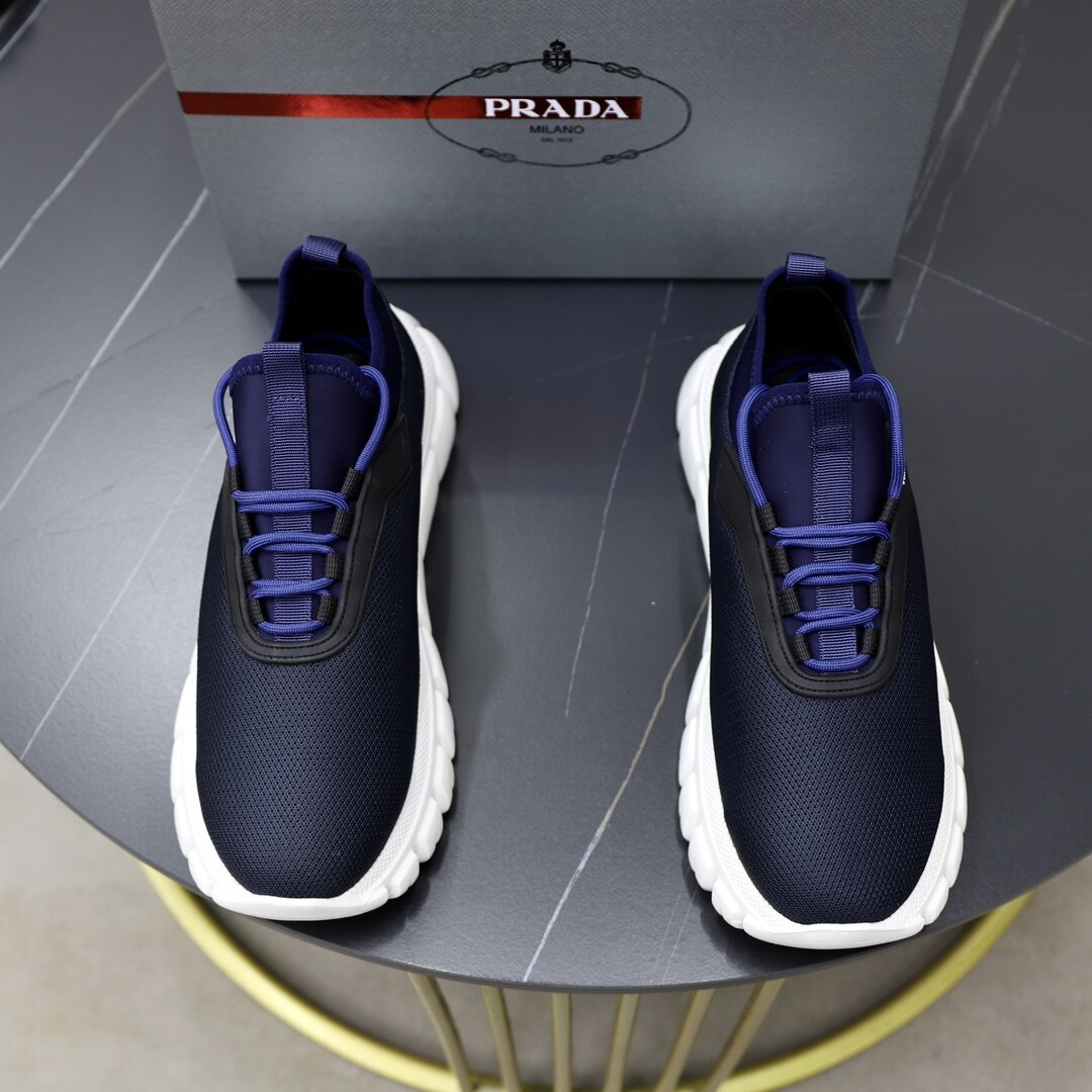 Prada  Navy Breathable Knit Mesh Lightweight Platform Elastic Lace Running Sneakers