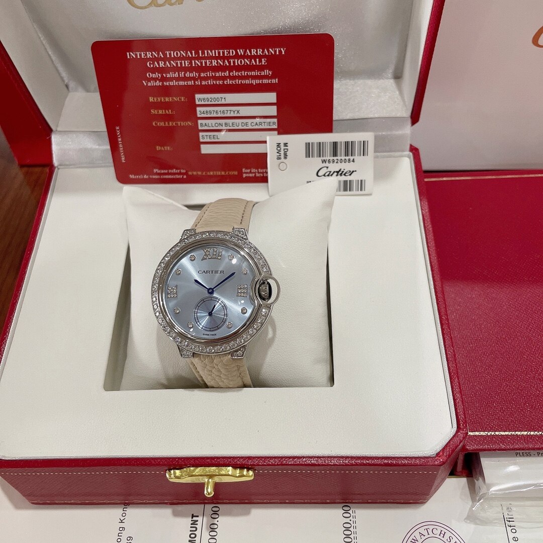 Cartier Cartier Ballon Bleu Steel Diamond Bezel Light Blue Dial Small Second Beige Leather Automatic Ladies