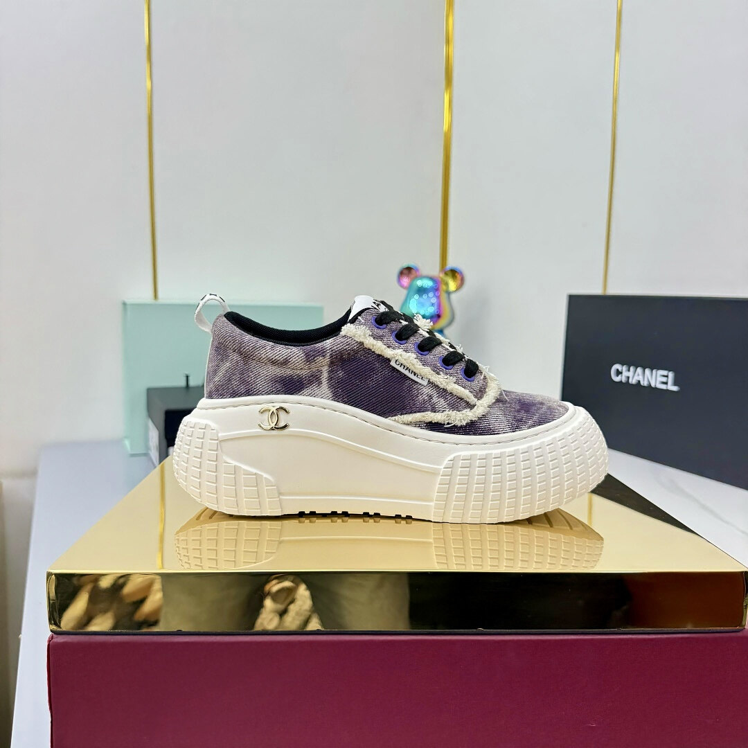 Chanel Purple Tie-Dye Fringe Denim Metal CC Platform Low Top Sneakers