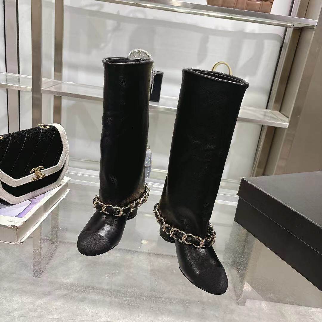 Chanel Black Shiny Leather Chunky Metal Chain Block Heel Straight Knee High Boots