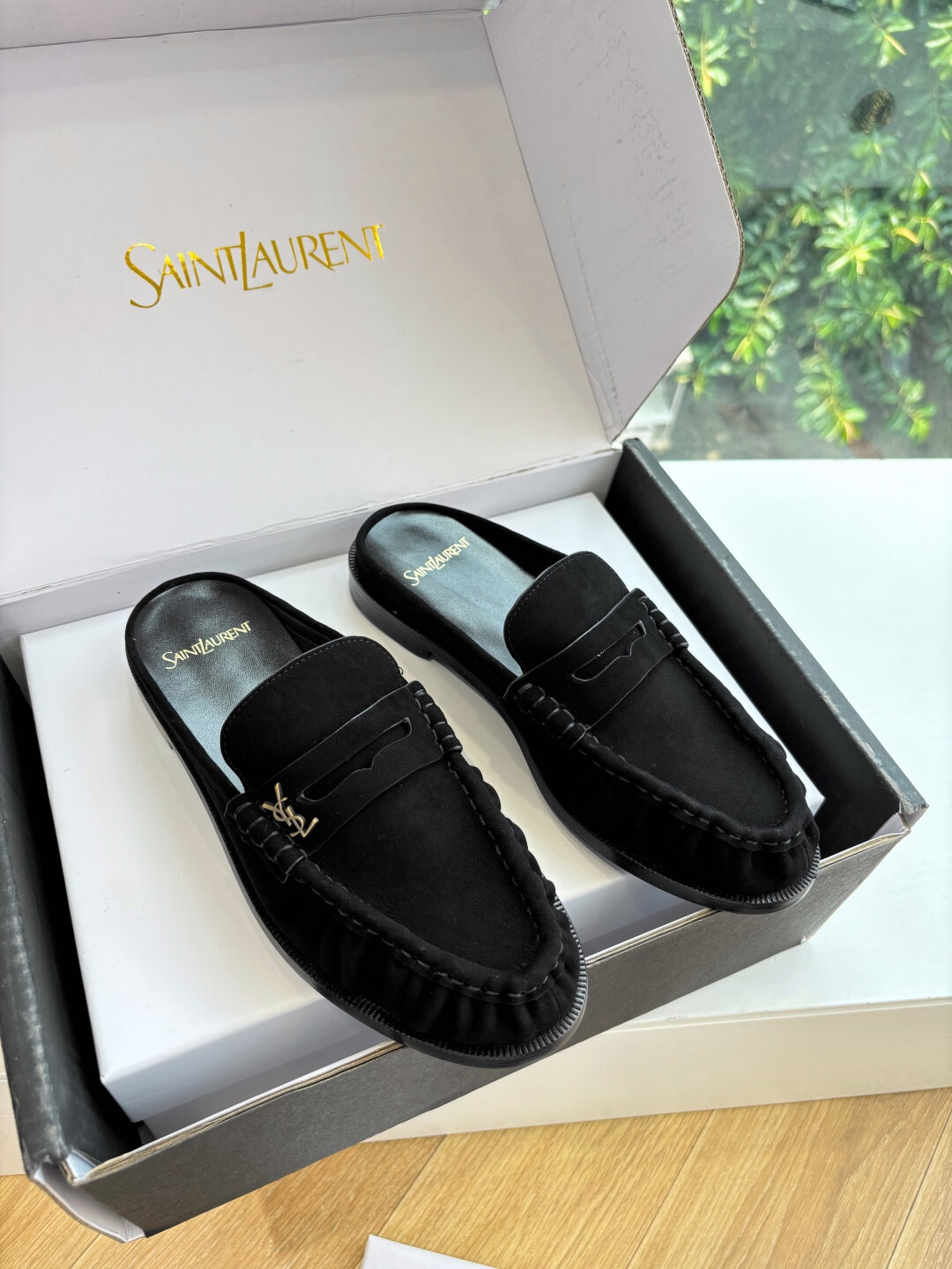 Saint Laurent Black Matte Suede Gold YSL Logo Ruched Penny Backless Mule Loafers