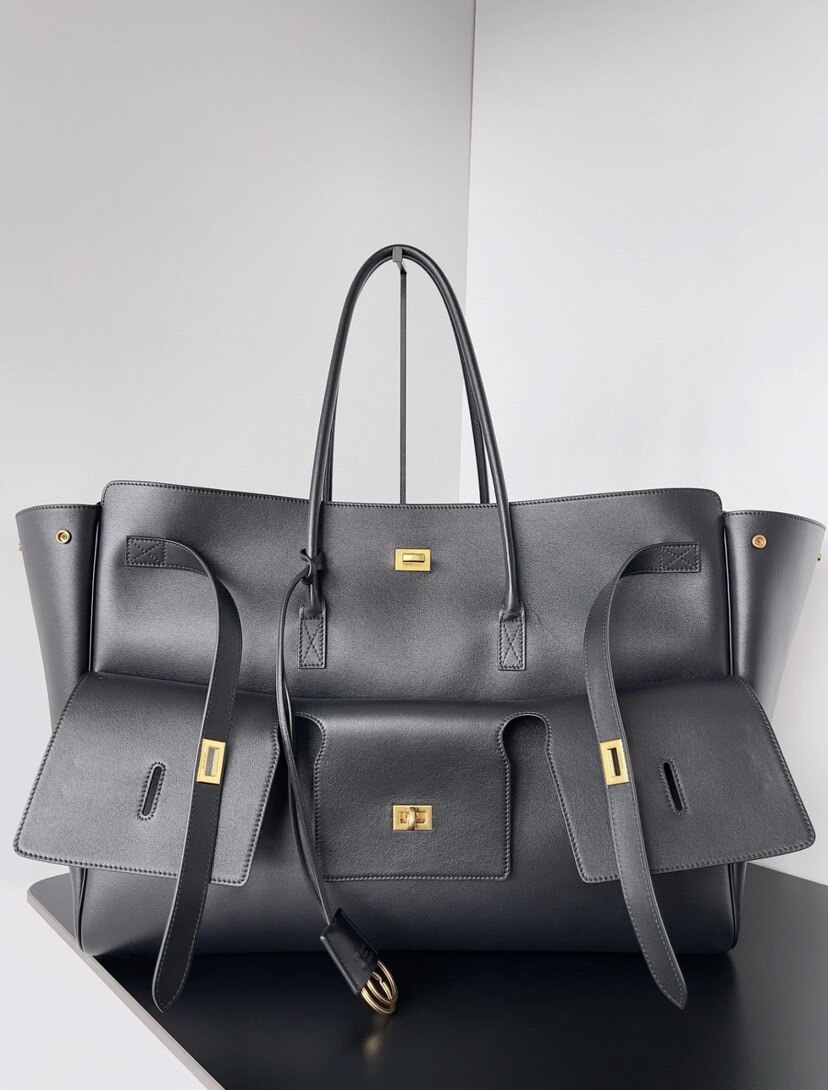 Balenciaga Black Smooth Leather Multi Pocket Gold Lock Large Business Hand Tote Bag