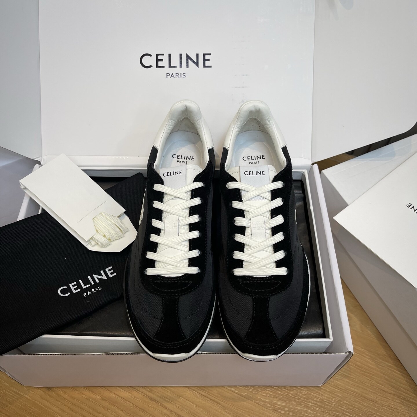 Celine  Black White Suede Nylon Mix Lace-Up Flat Retro Trainer Sneakers