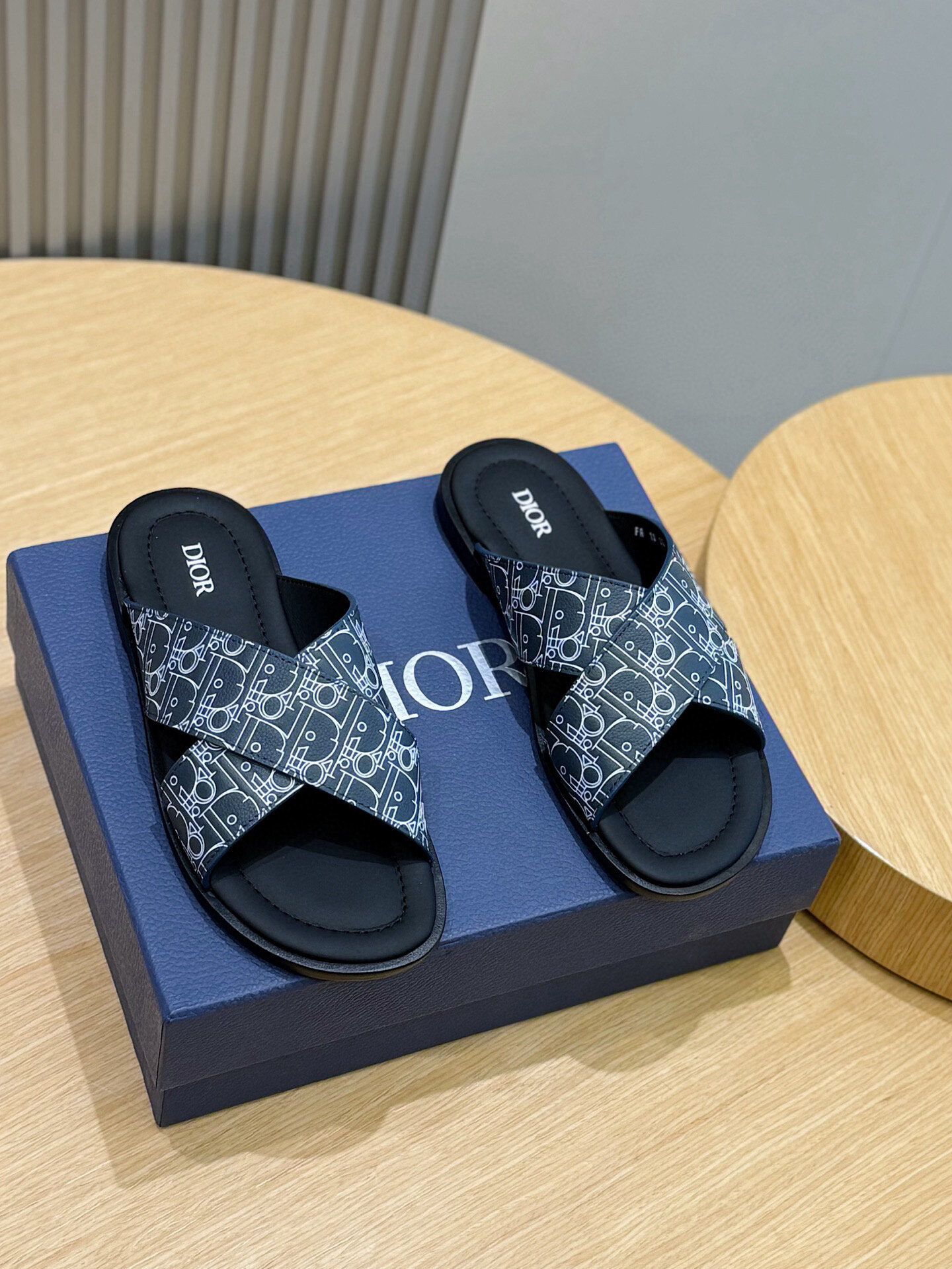 Dior  Black Oblique Line Monogram Cross Strap Slip-On Flat Slide Sandals