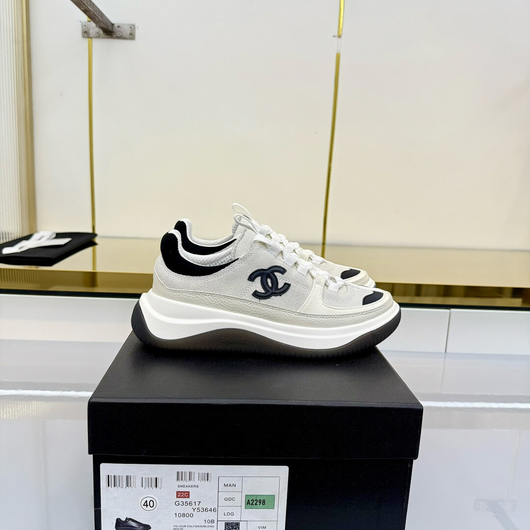 Chanel White Leather Black Suede Embroidered CC Logo Platform Chunky Sneakers