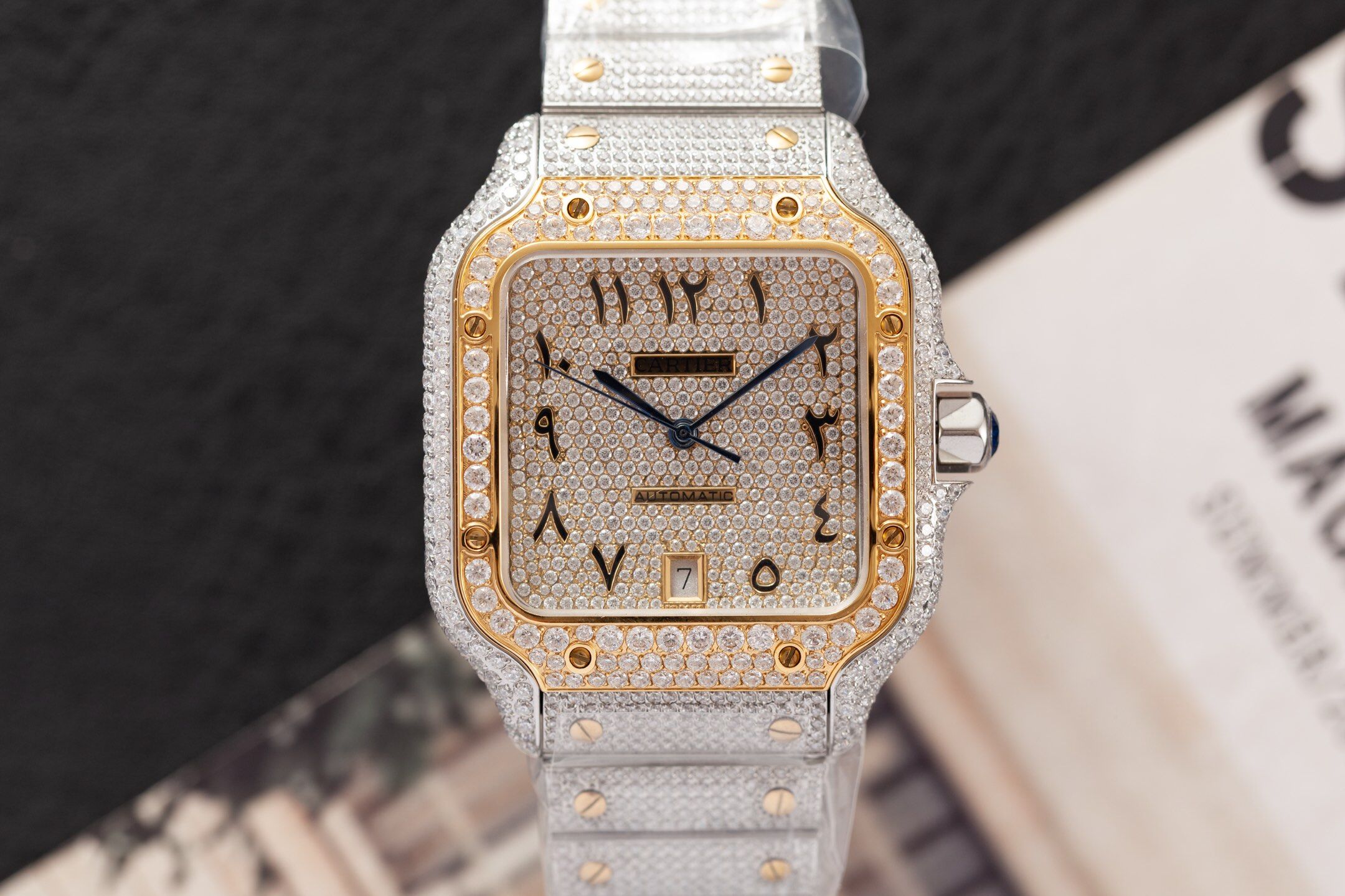 Cartie Cartier Santos Two-Tone Full Diamond Bracelet Arabic Numeral Paved Dial Automatic Watch