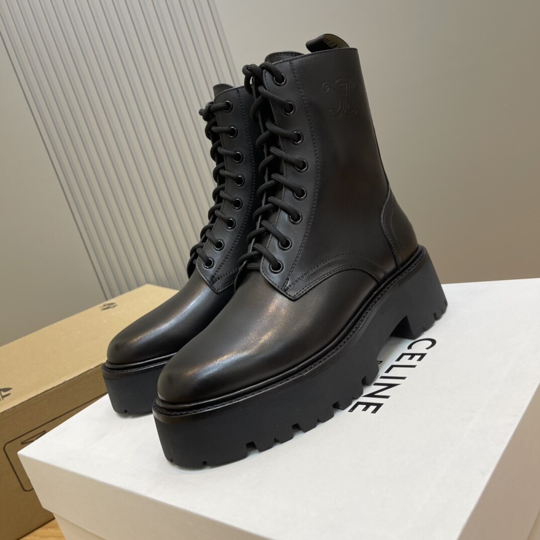 Celine  Black Smooth Leather Triomphe Embossed Lug Sole Lace-Up Mid Calf Combat Boots