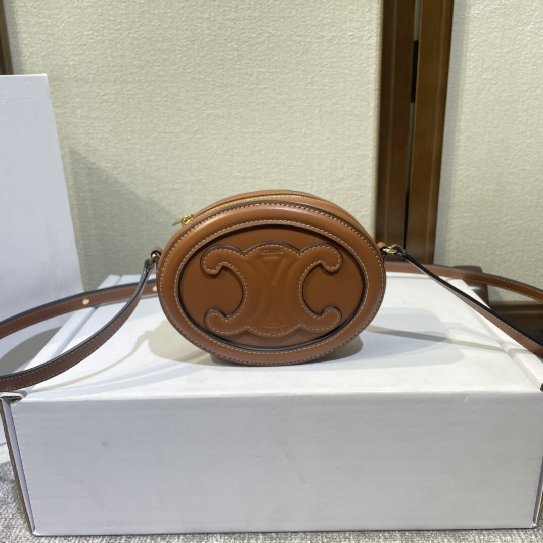 Celine Tan Smooth Leather Embossed Triomphe Oval Crossbody Mini Bag