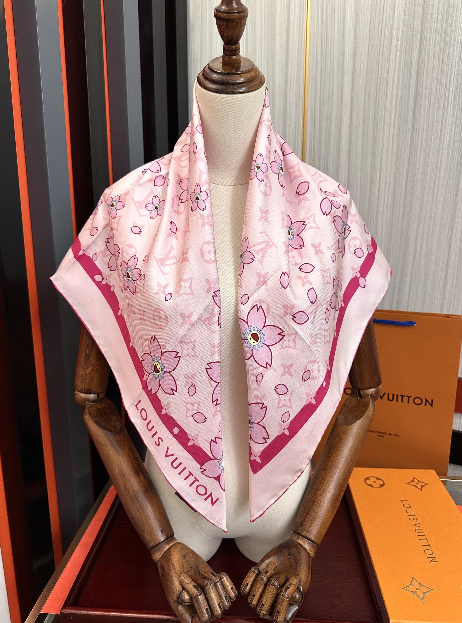 Louis Vuitton LV Pink Cherry Blossom Monogram Silk Scarf