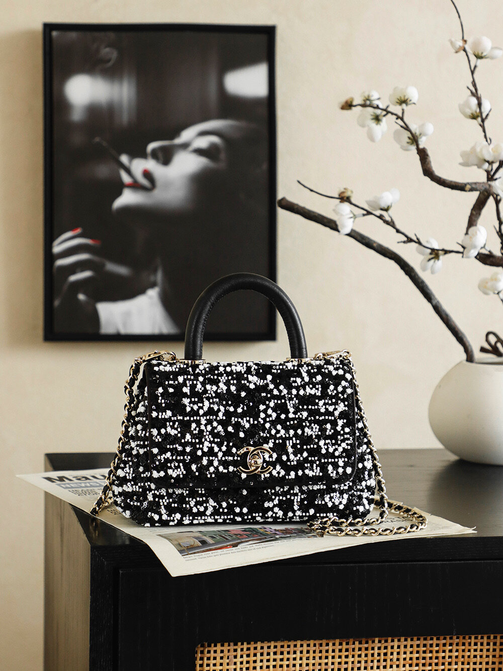 Chanel Chanel Black White Sequin Top Handle Mini Flap Bag