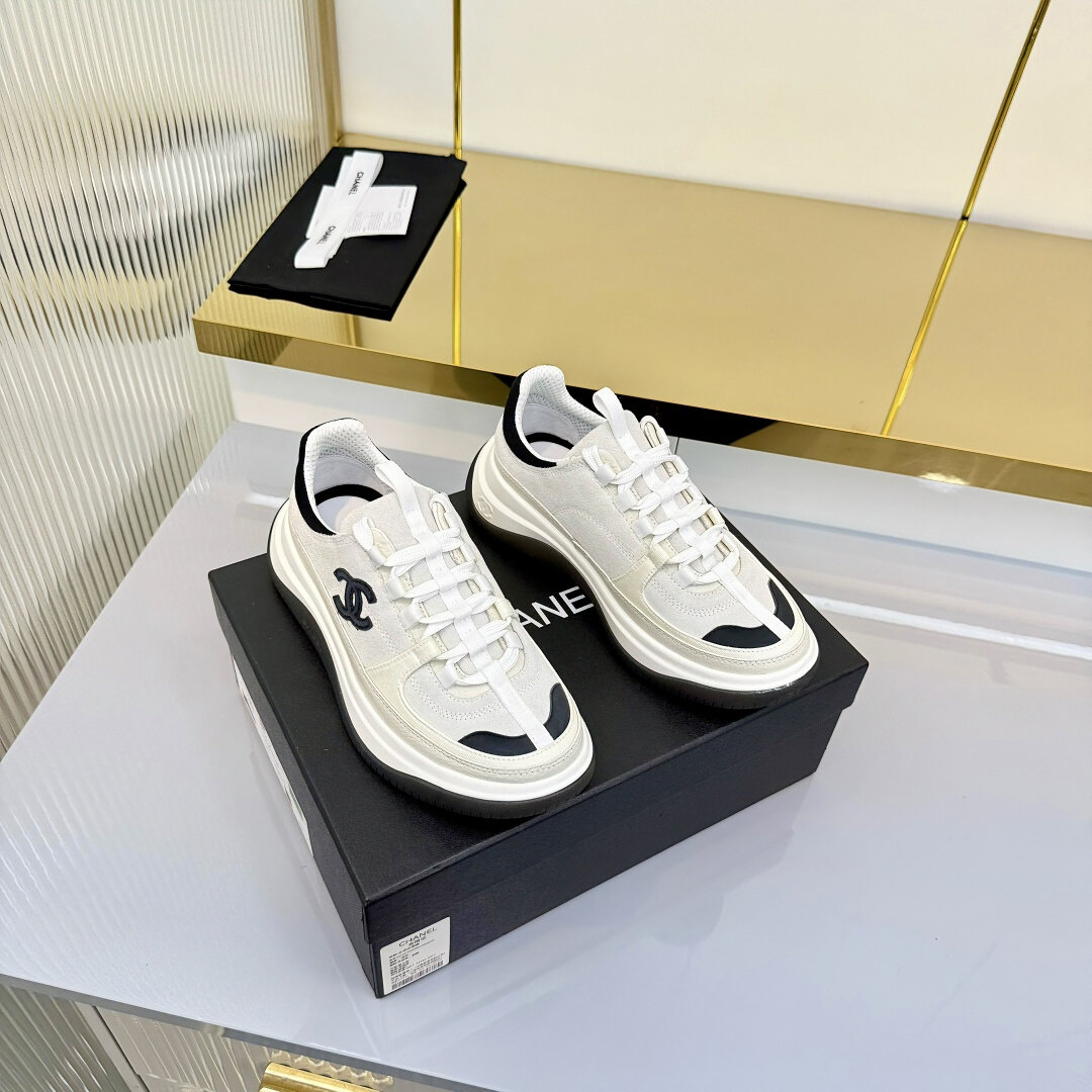 Chanel White Leather Black Suede Embroidered CC Logo Platform Chunky Sneakers