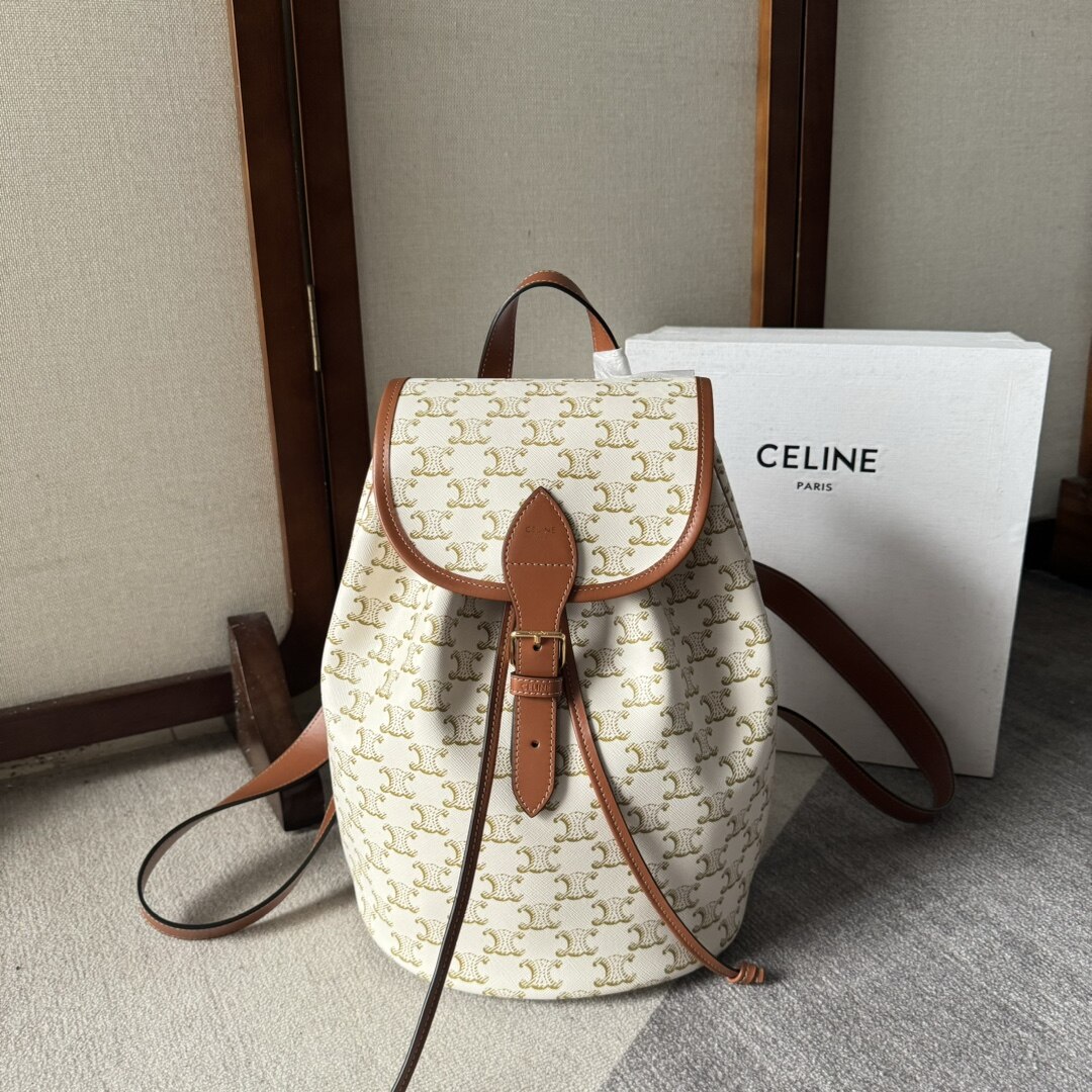 Celine White Tan Triomphe Canvas Drawstring Bucket Backpack