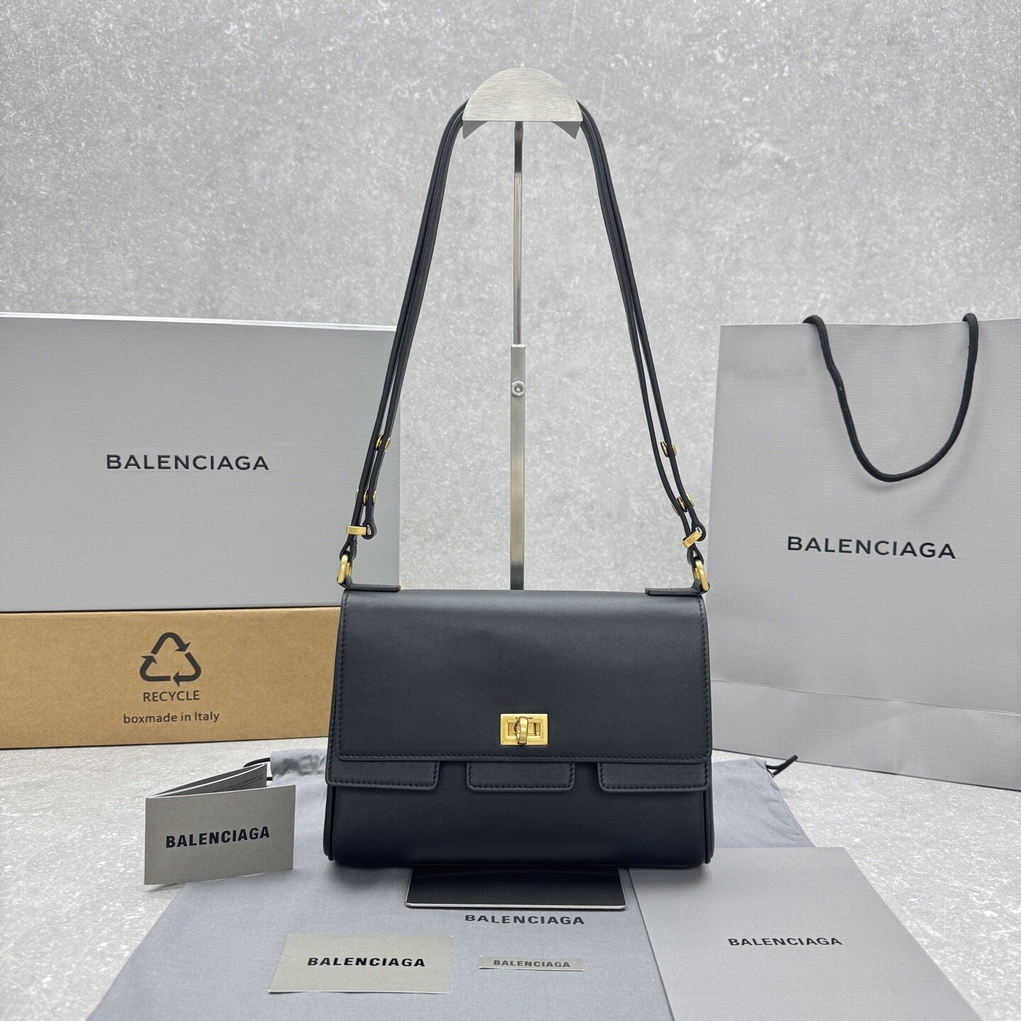 Balenciaga Black Smooth Leather Vintage Gold Lock Flap Adjustable Strap Shoulder Bag